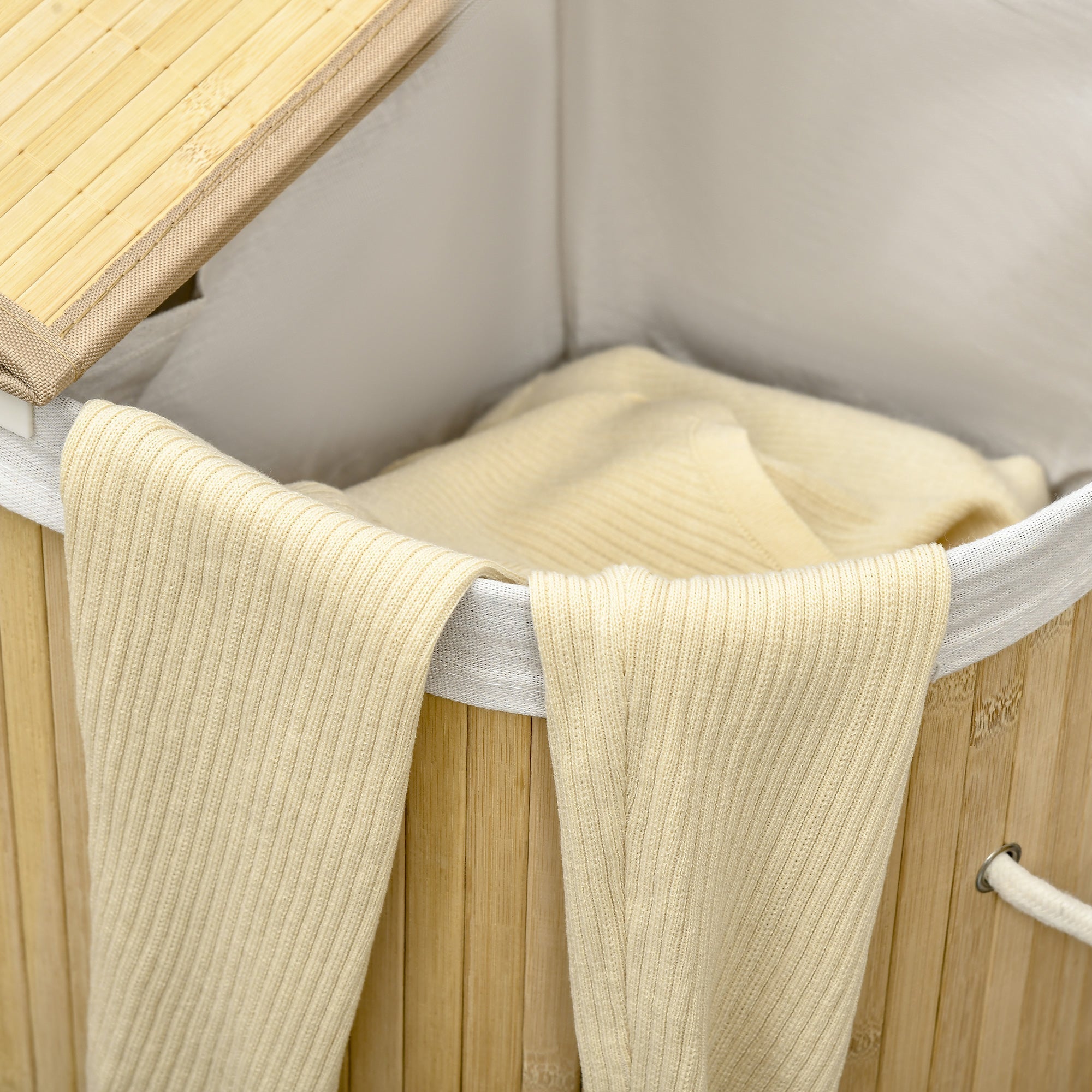 Laundry Basket Sorter 2-Section Removable Lid Natural Bamboo