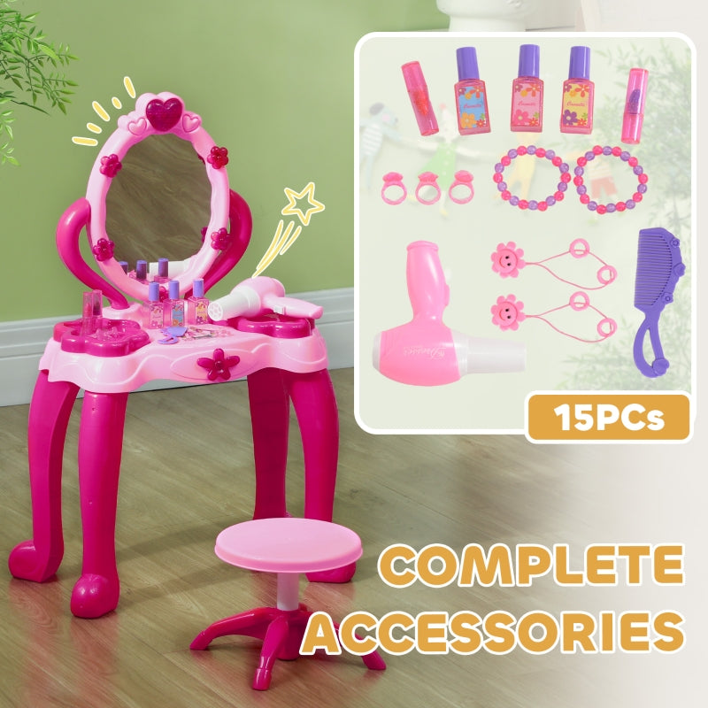 Kids Dressing Table with Mirror, Stool, Light, Music, 15 Accessories, Pink