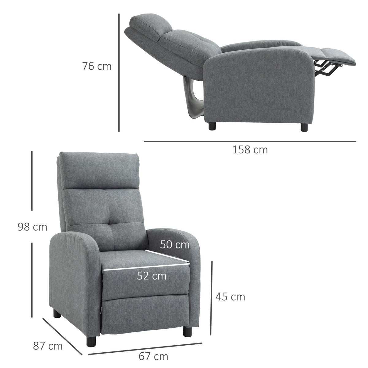 Reclining Armchair, Upholstered with Pocket Spring Core, 150 kg Capacity, Linen Look Grey