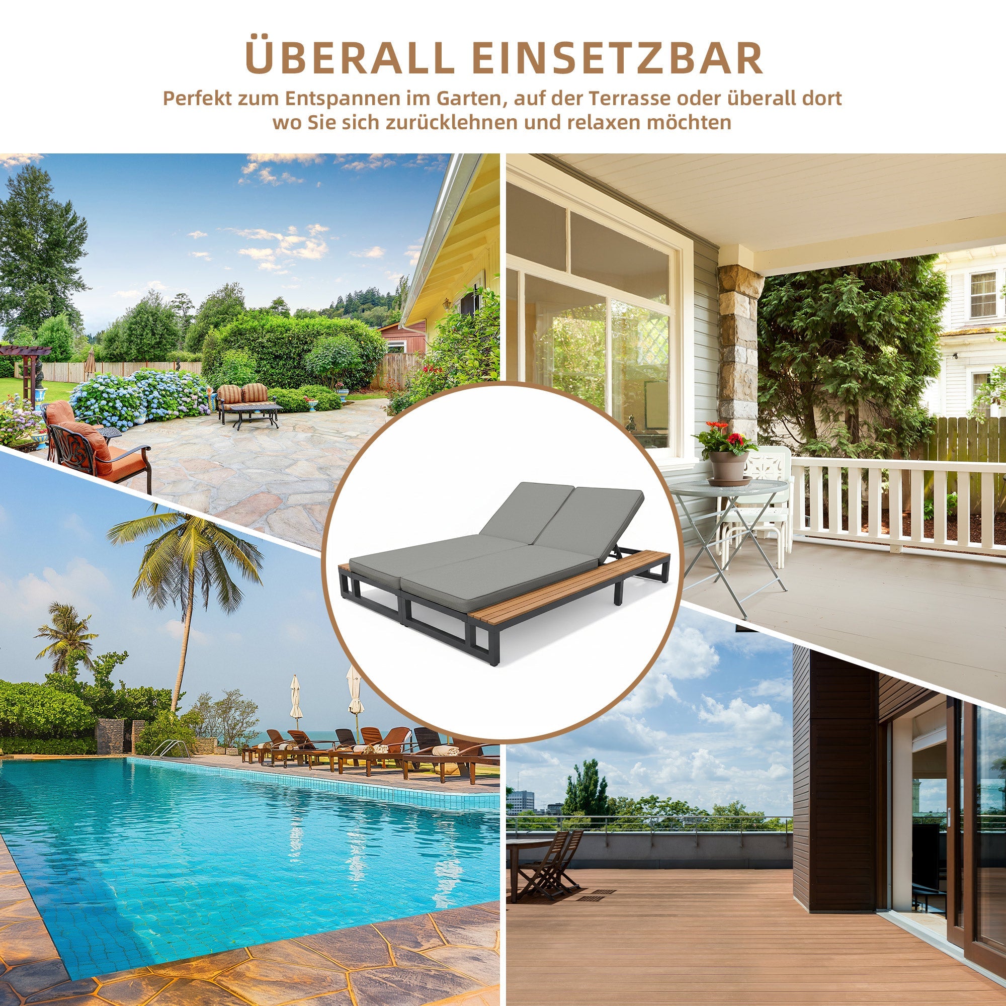 Outdoor Patio Daybed with Adjustable Backrest and Shelves, Waterproof, Gray