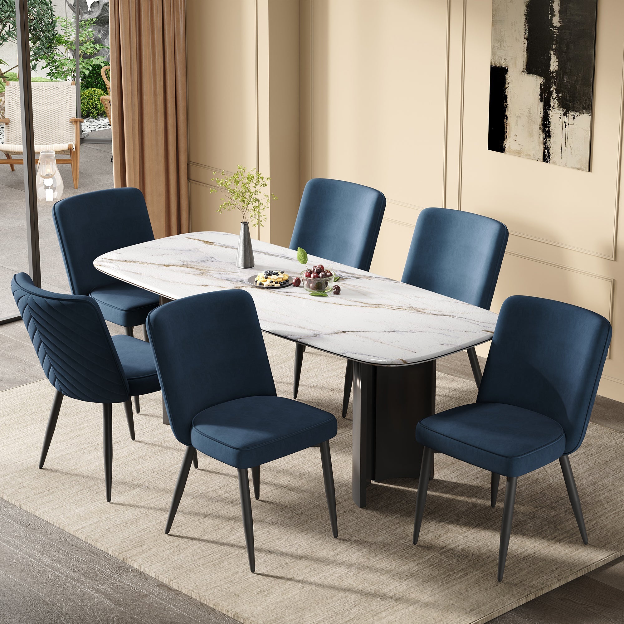 4 Dining Chairs, Comfortable and Breathable Modern Style, Dark Blue Velvet Fabric