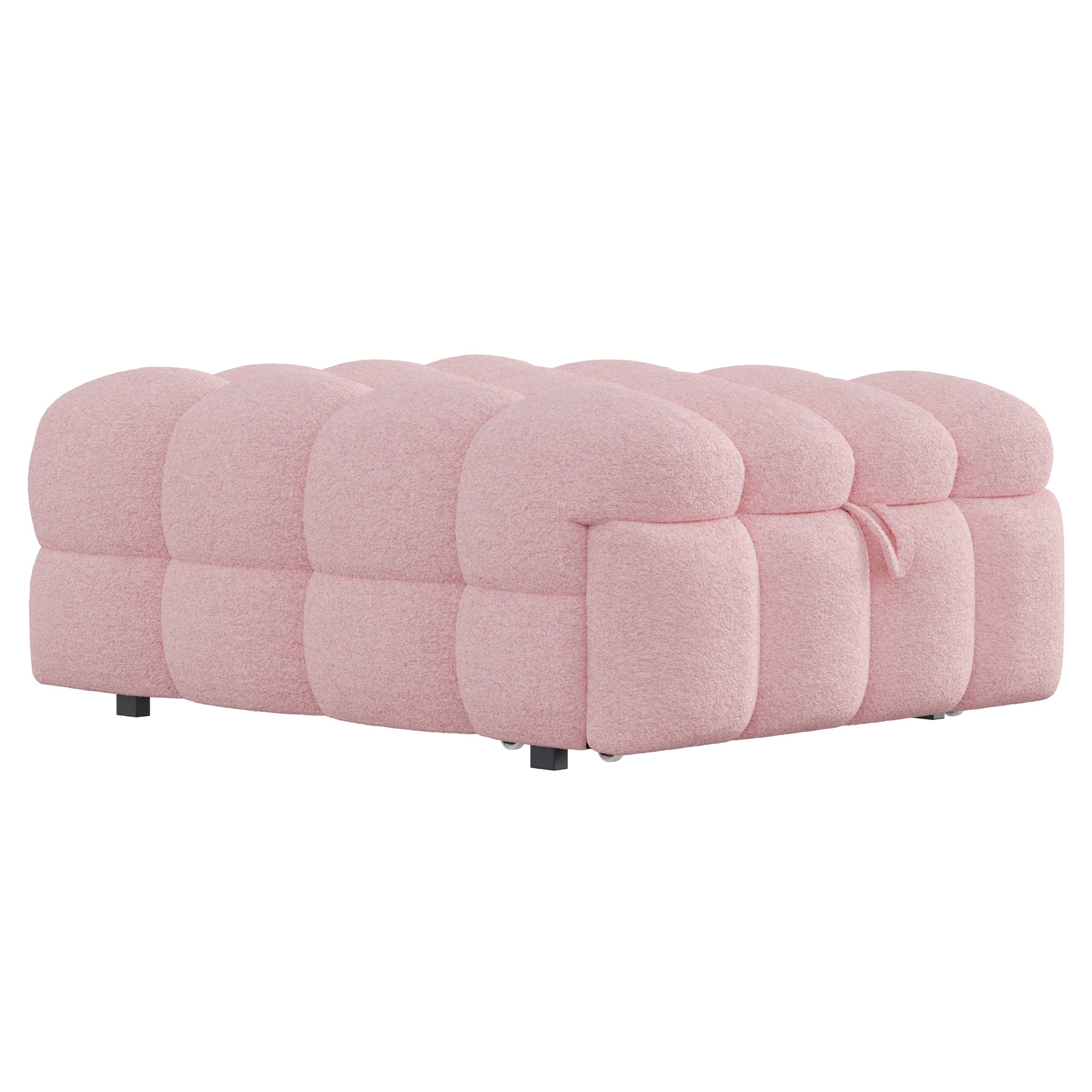 Upholstered Bed, 2-in-1 Footstool Pull-Out Sofa Single Puffy, Teddy Fabric Pink