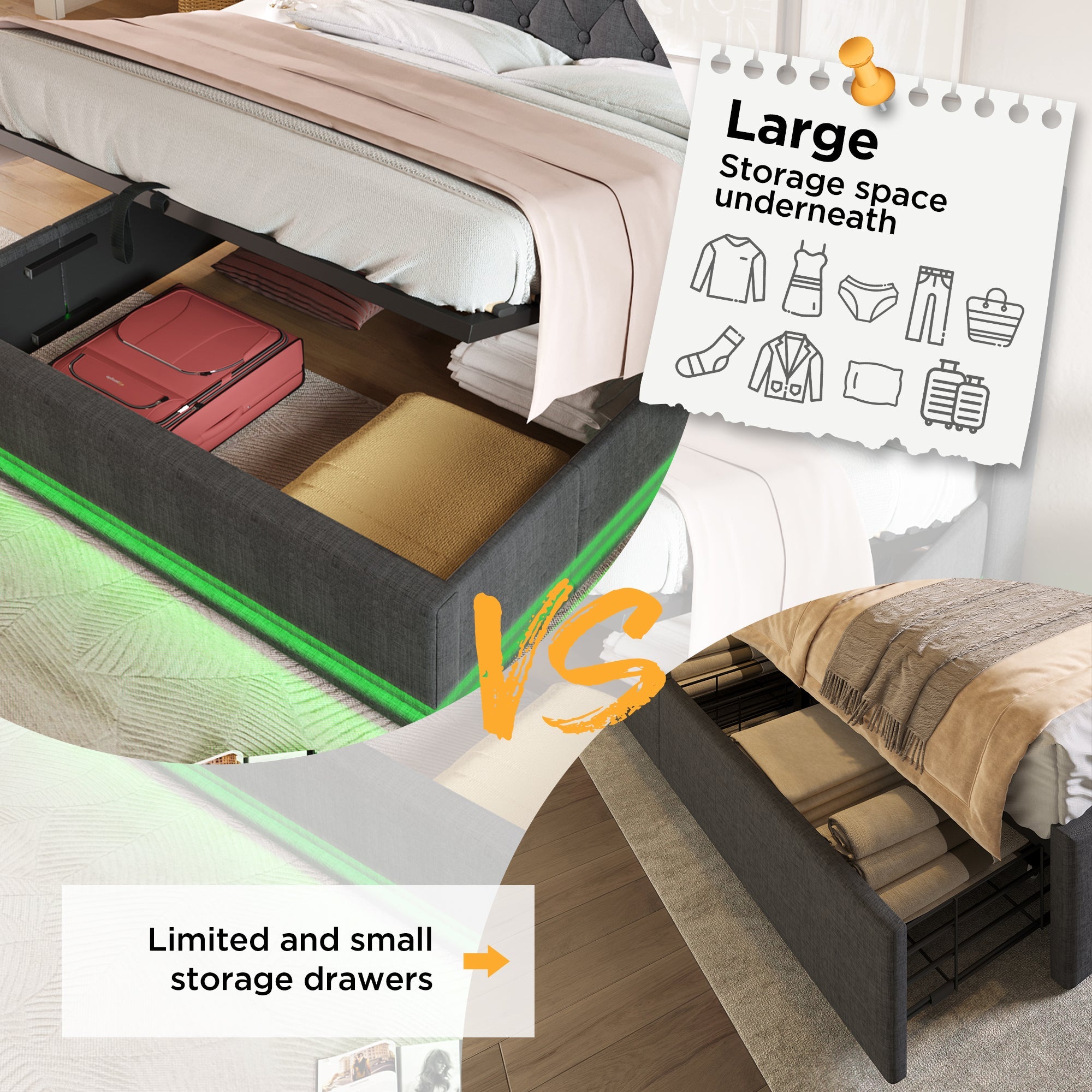 Upholstered Double Ottoman Bed with LED & Hydraulic Storage, 4ft6, Linen Grey