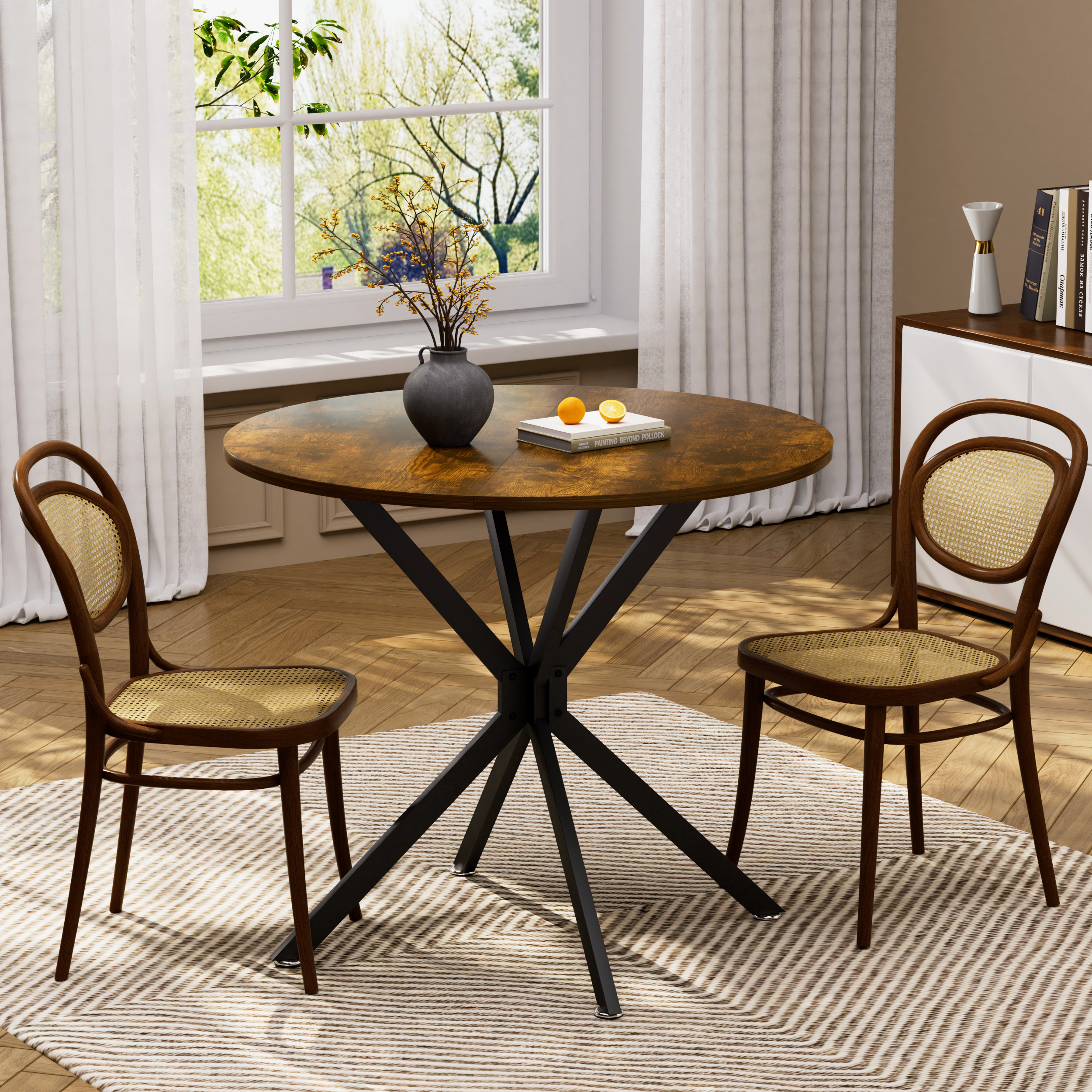 90 cm Round Dining Table, Space-Saving Kitchen Table with Metal Legs, Brown & Black