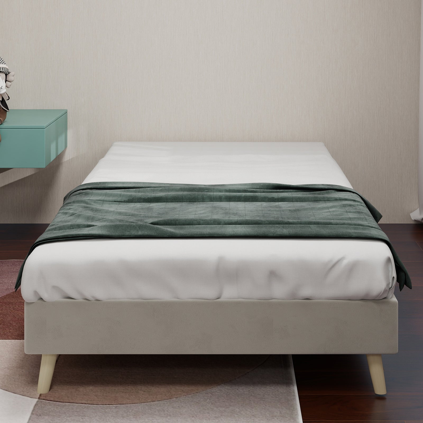 Modernes minimalistisches Bettgestell, 90x200 cm flaches Gestell, beiger holländischer Samt