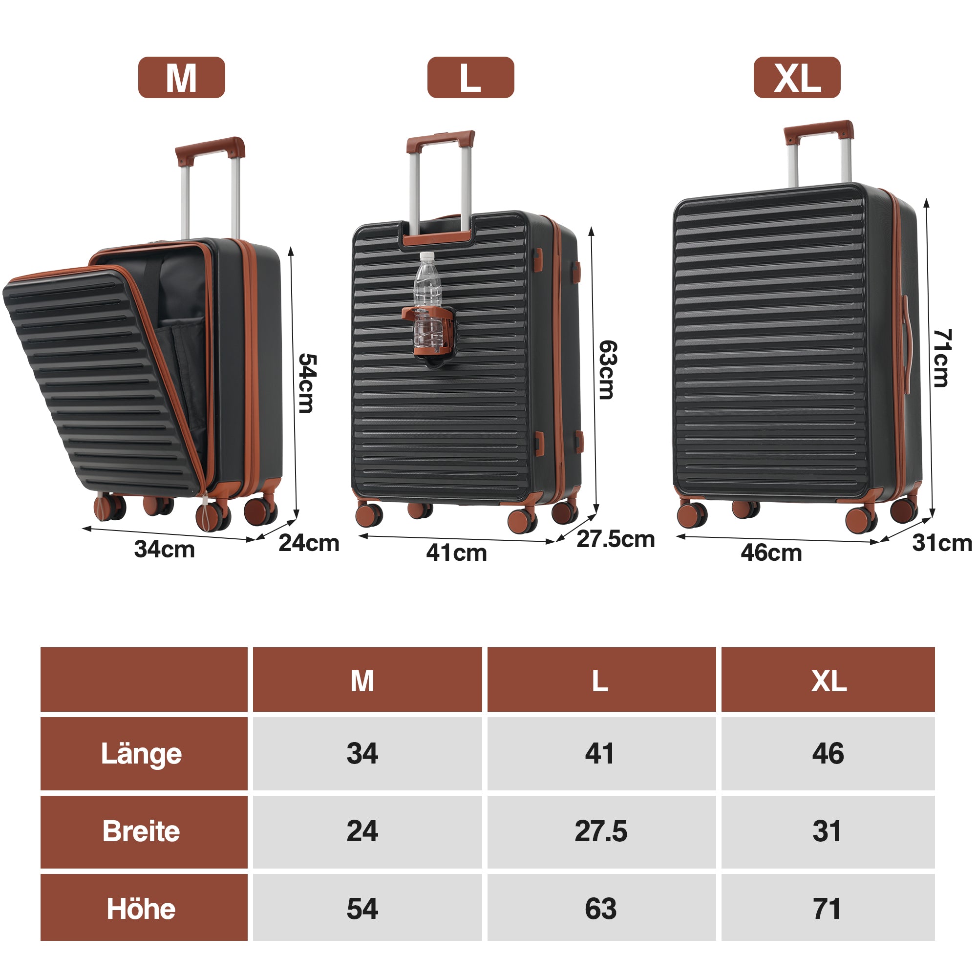 Three-piece Luggage Set – Front-Opening, Foldable Cup Holders, TSA Lock, 360° Wheels, ABS Material