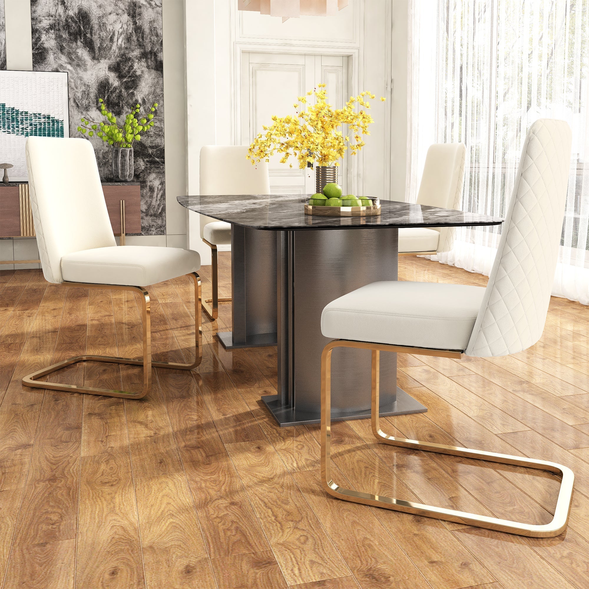 Velvet Dining Chair Set of 6, Diamond Back Design with Gold Metal Legs, Beige