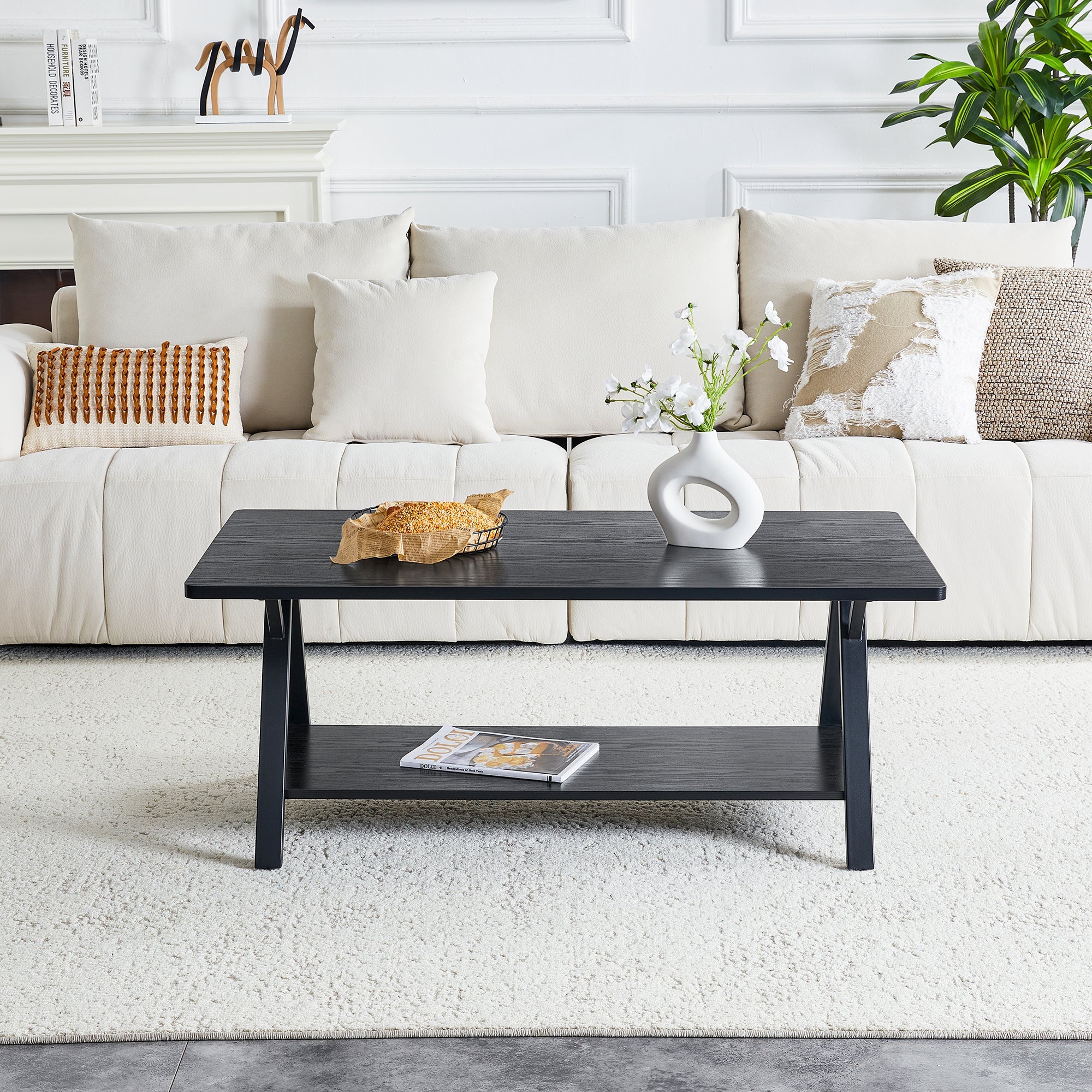 Modern Industrial Coffee Table with Storage Shelf and Metal Frame, 110x57x44.5cm, Black Wood Grain