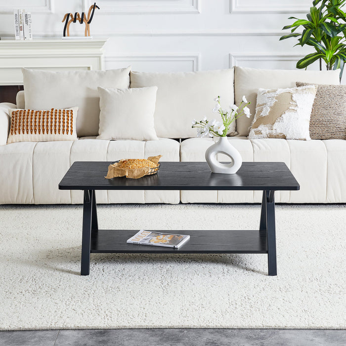 Modern Industrial Coffee Table with Storage Shelf and Metal Frame, 110x57x44.5cm, Black Wood Grain