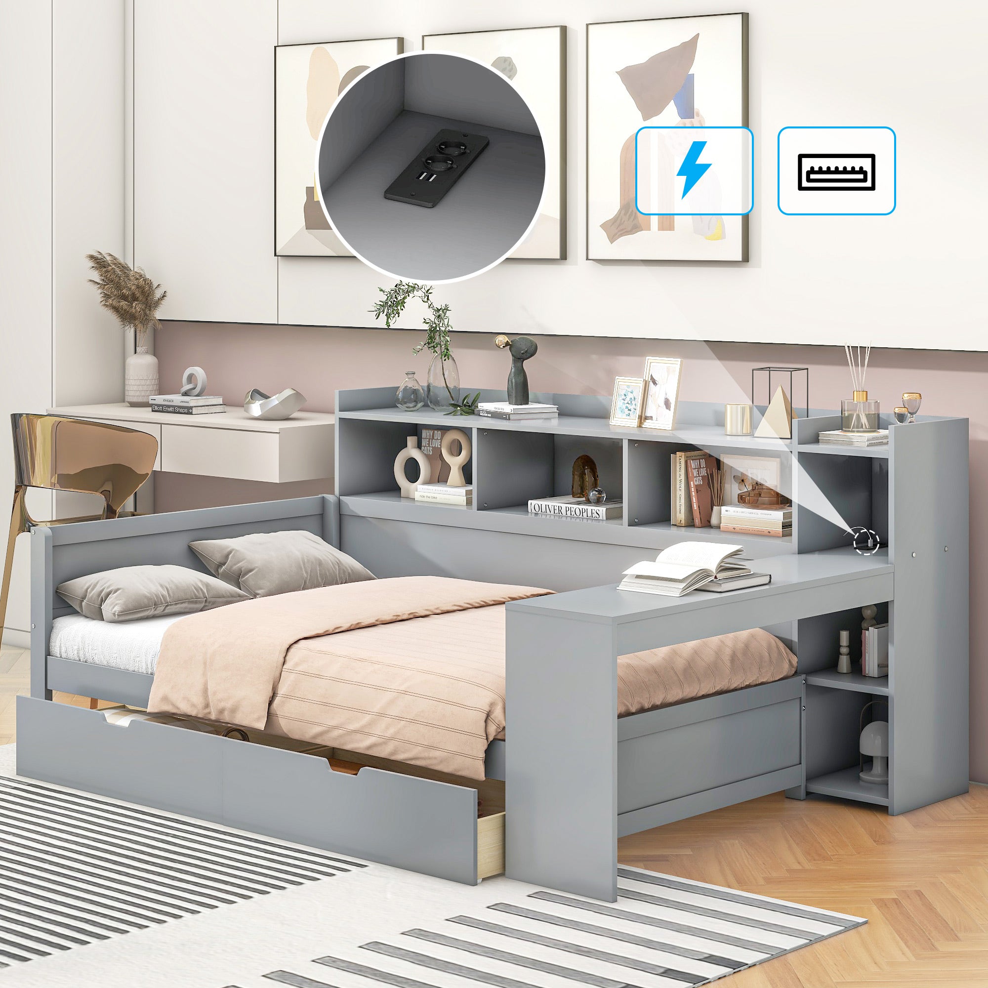 Sofa Bed Daybed, 90x200cm, USB, 2 Drawers, Desk, Grey Chipboard