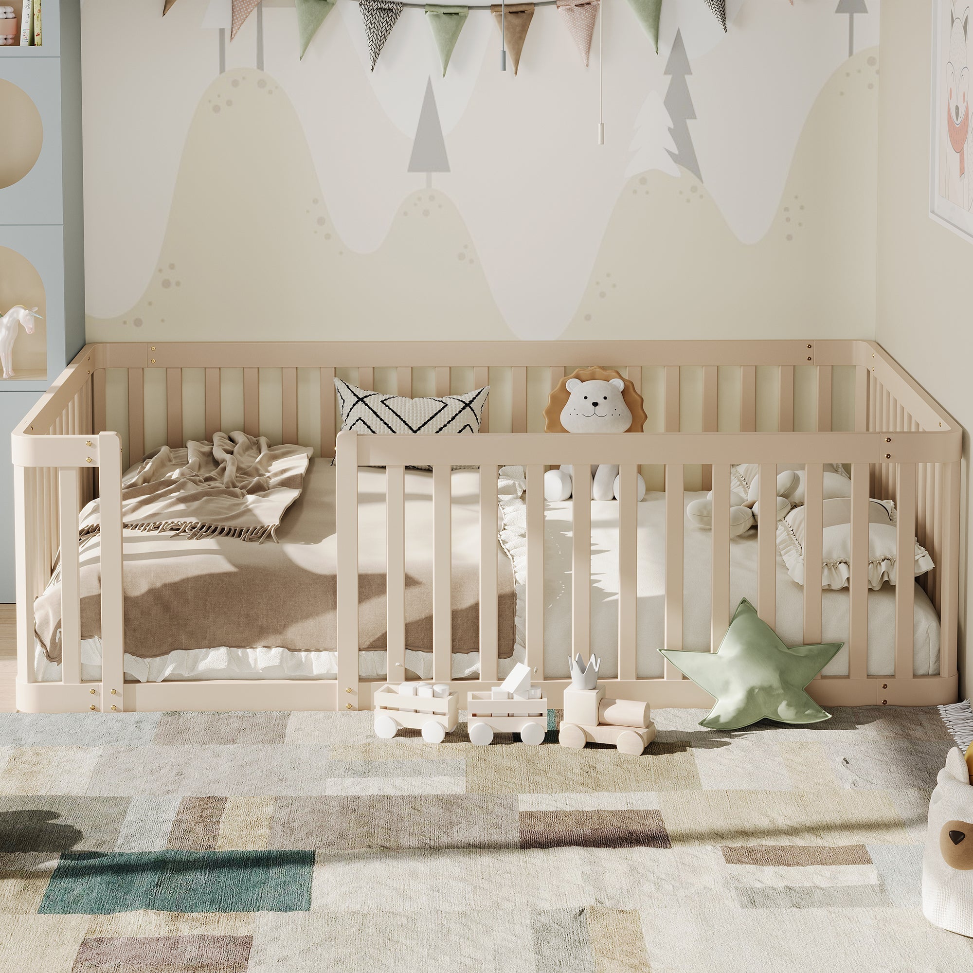Wooden Bed Frame with Railing, 90x200cm, Cream