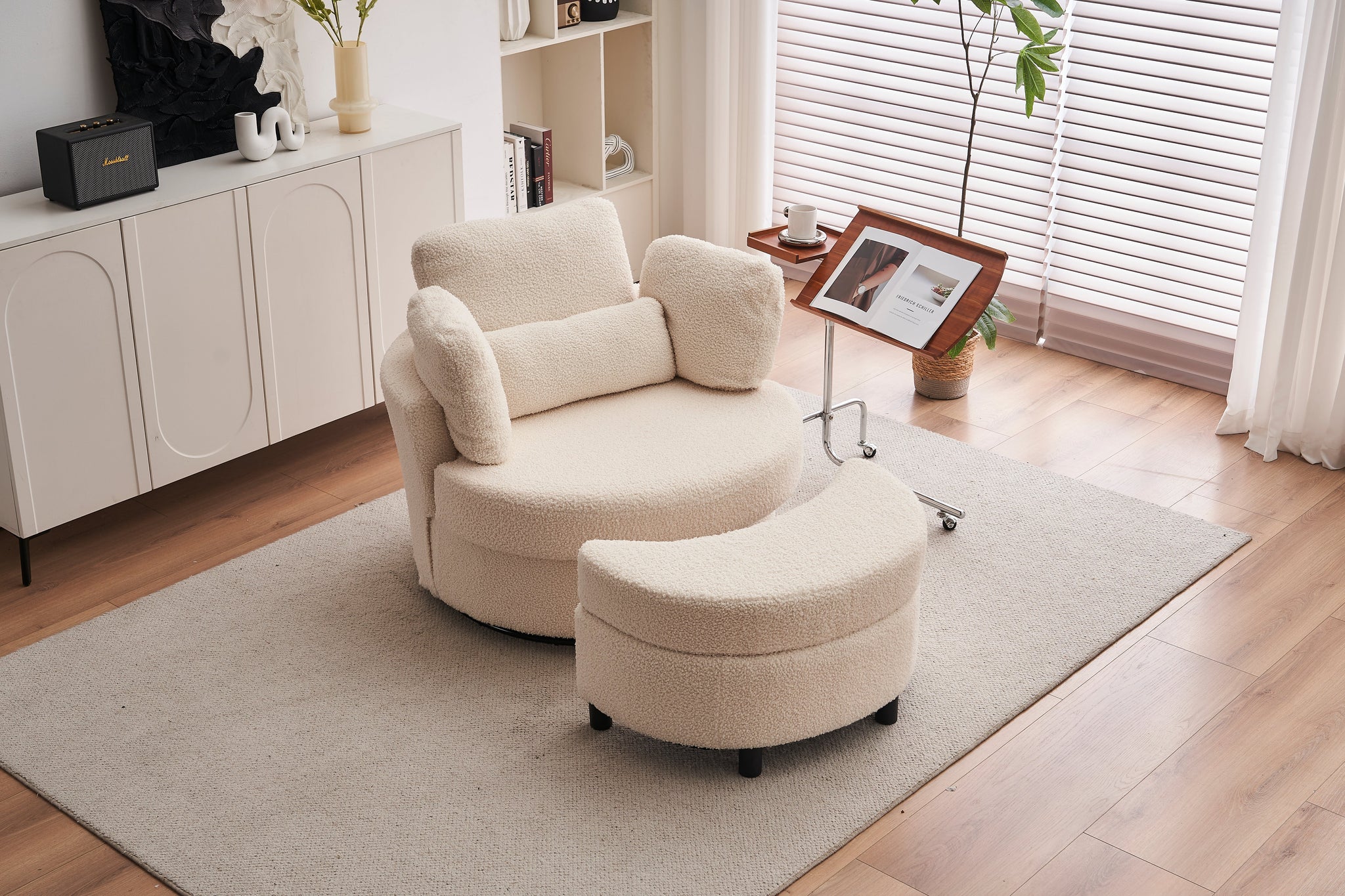 Teddy swivel armchair with back cushion pillow ottoman crescent
