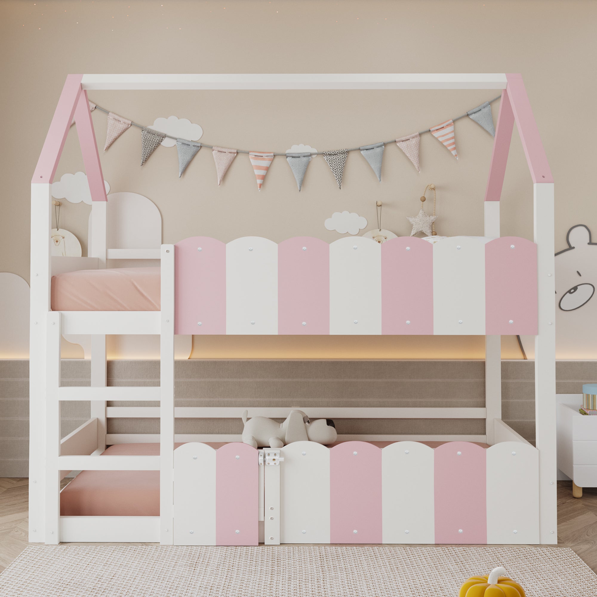 Children's Bunk Bed House-Shaped 90x200 cm Safety Rails Pink