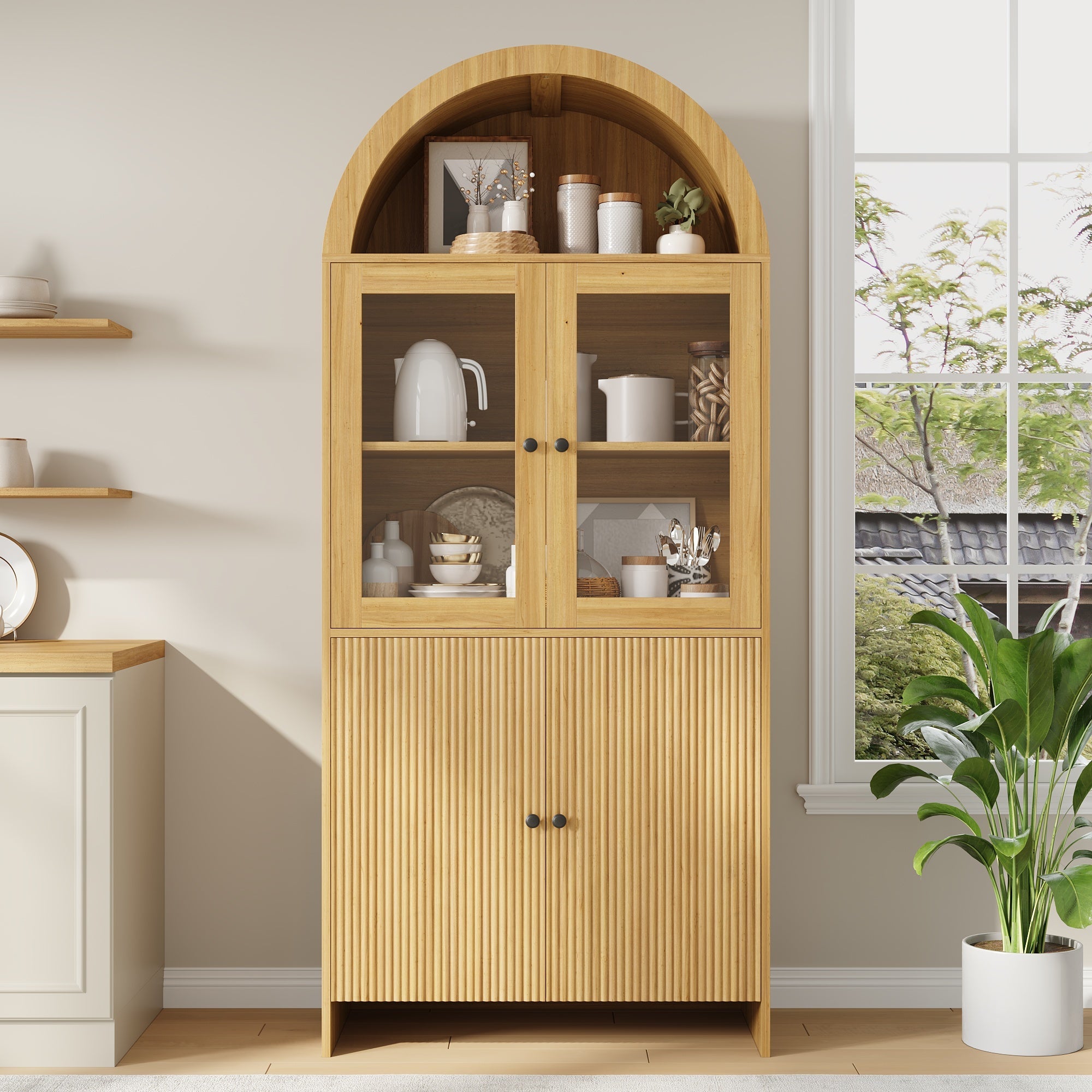 Sideboard with Arched Top, Glass Doors and Wave Pattern Storage Cabinet, Wood