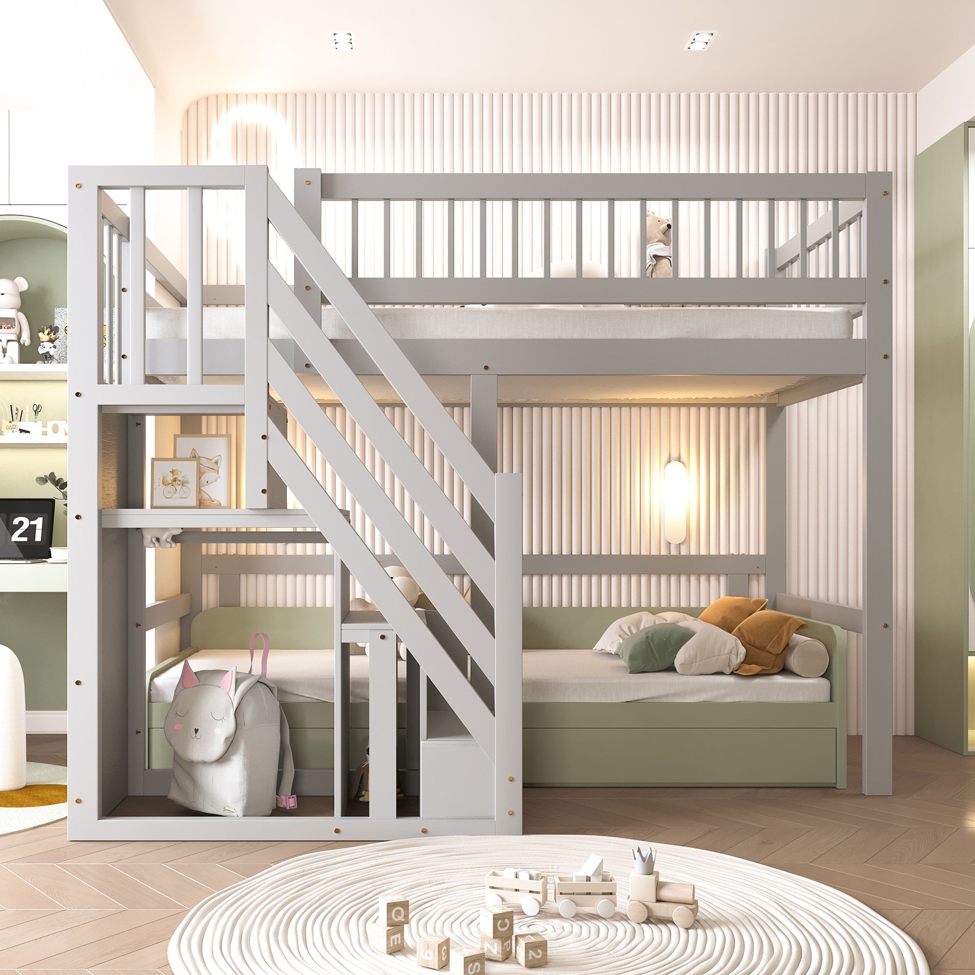 90×200cm Solid Wood Single Bed with Stairs and Storage Cabinet - Grey