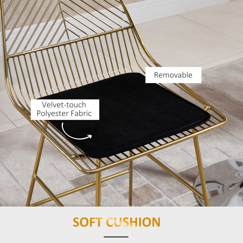 Set of 2 Bar Stools, Modern Counter Height Chairs, Wire Metal Frame, Gold