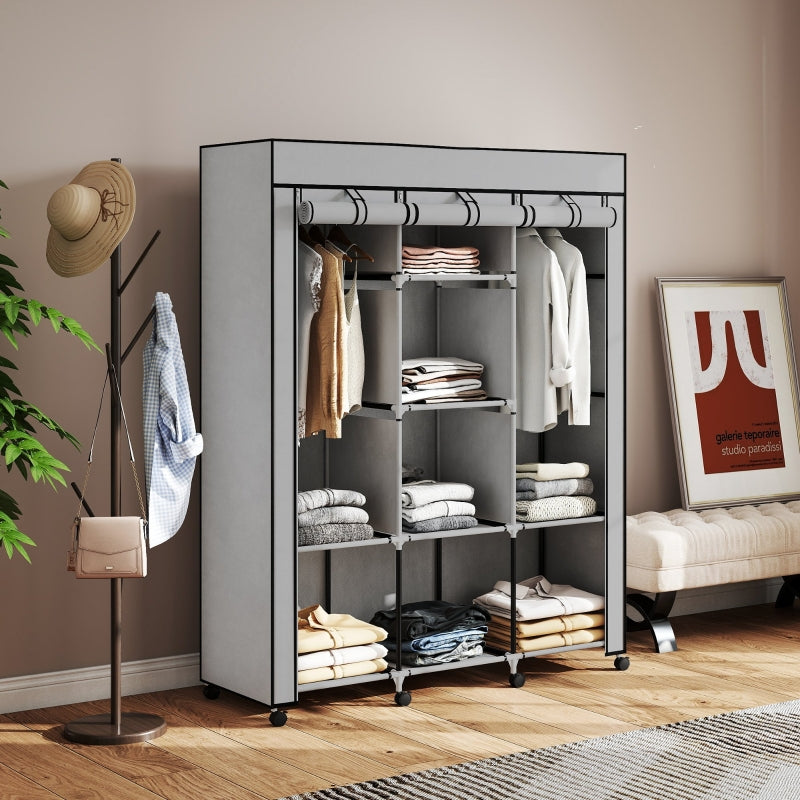 Fabric Wardrobe 8 Shelves 2 Clothes Rails - Grey