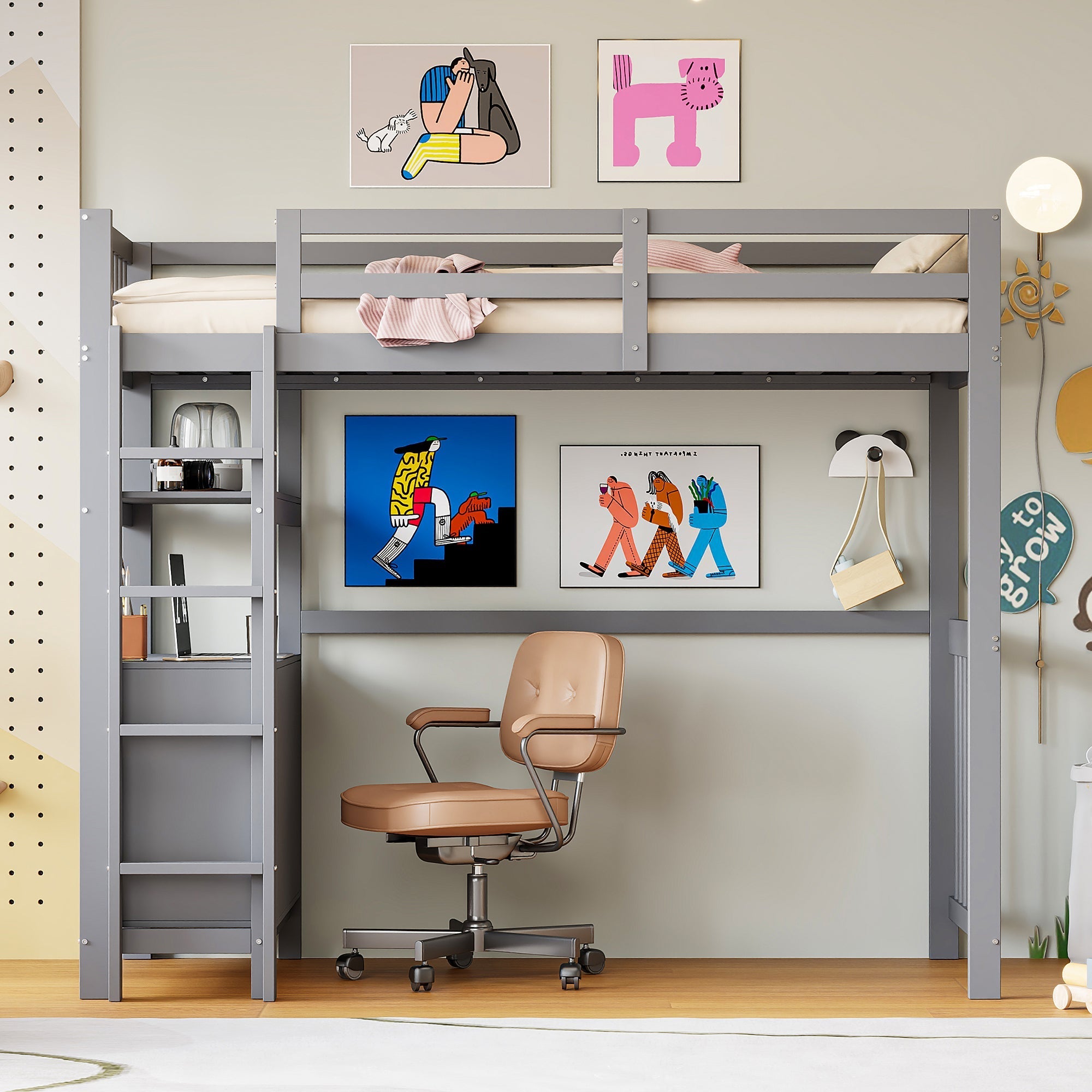 Loft Bed, 90x200cm with Ladder, Drawers, Shelves, Slatted Frame, Pinewood, Grey