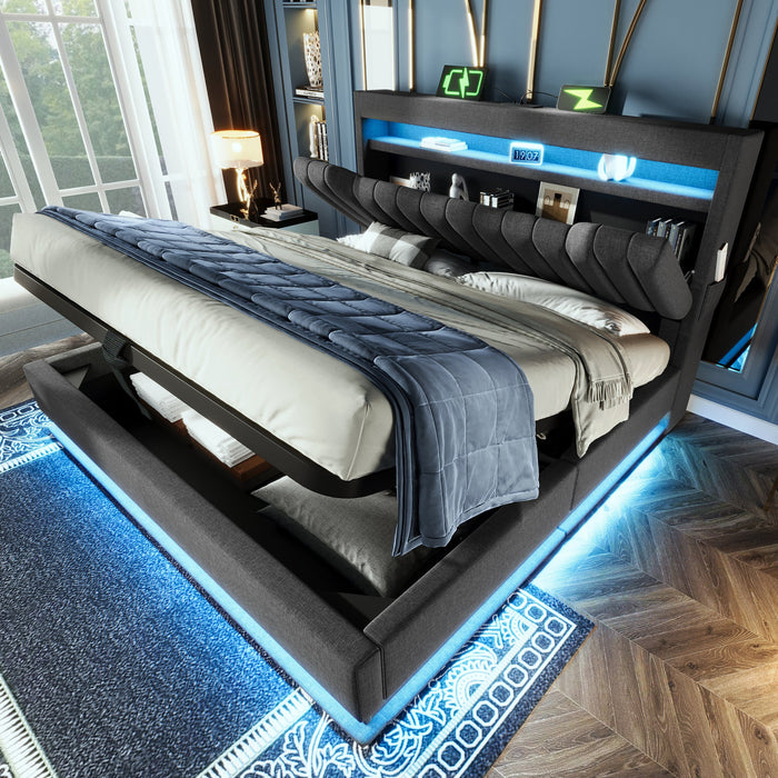 Upholstered Double Bed 160x200cm, Hydraulic Storage LED Headboard USB/Type-C, Grey Linen