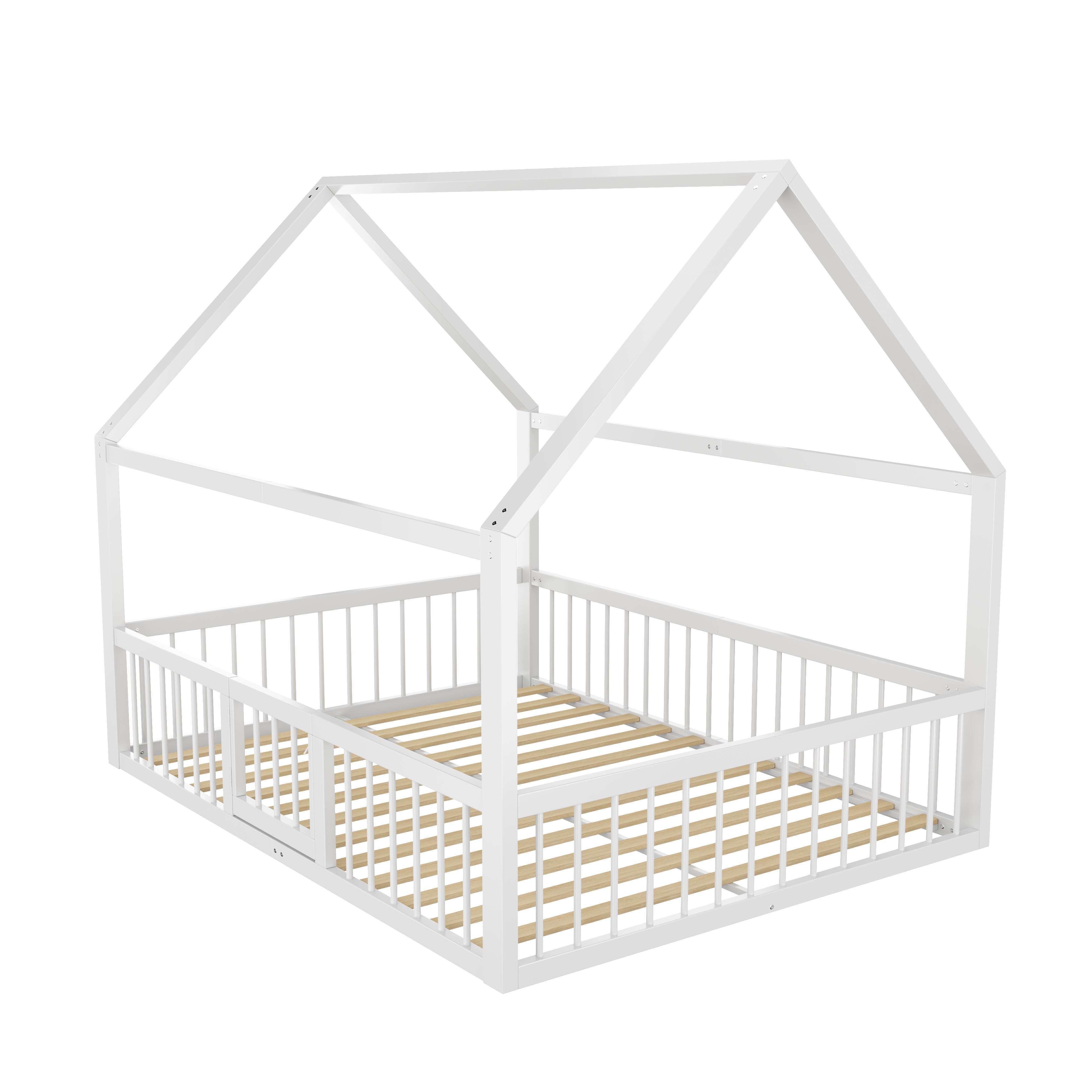Children's Metal Bed 140x200cm House Design with Railing - White