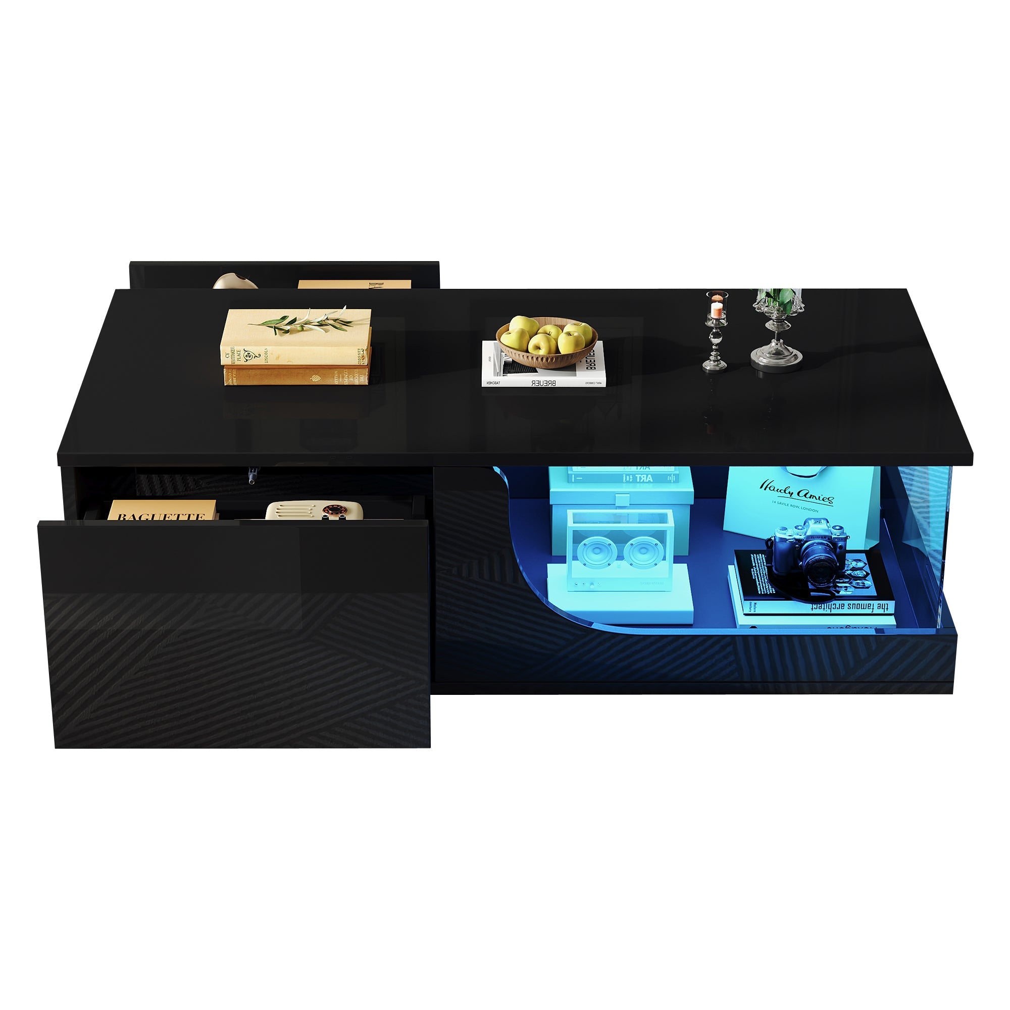Coffee Table, 100x50x30cm, 2-Drawer High-Gloss with LED, Tempered Glass, Black