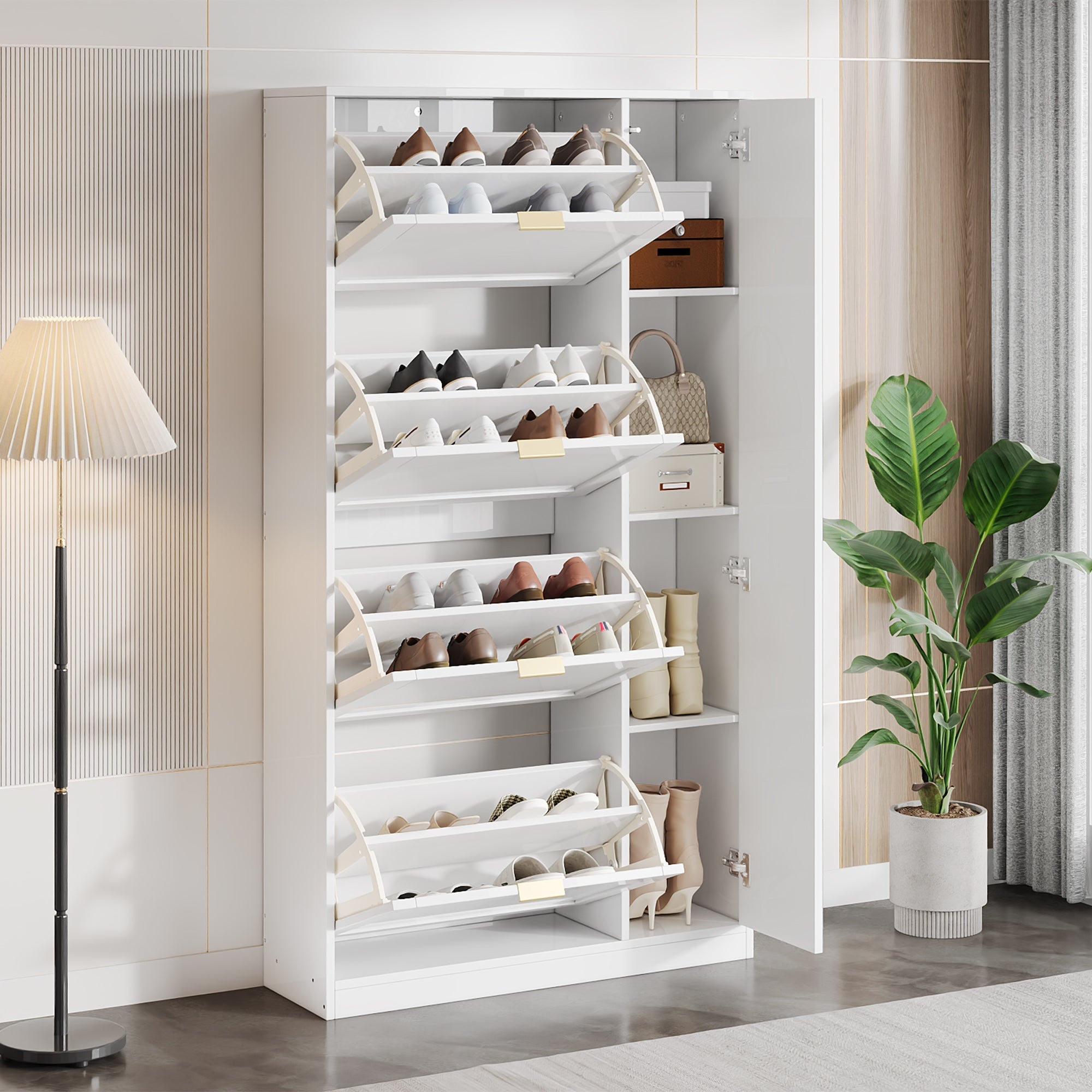 Shoe Cabinet with Mirror 4 Drawers Adjustable Shelf 80x147x24cm - White
