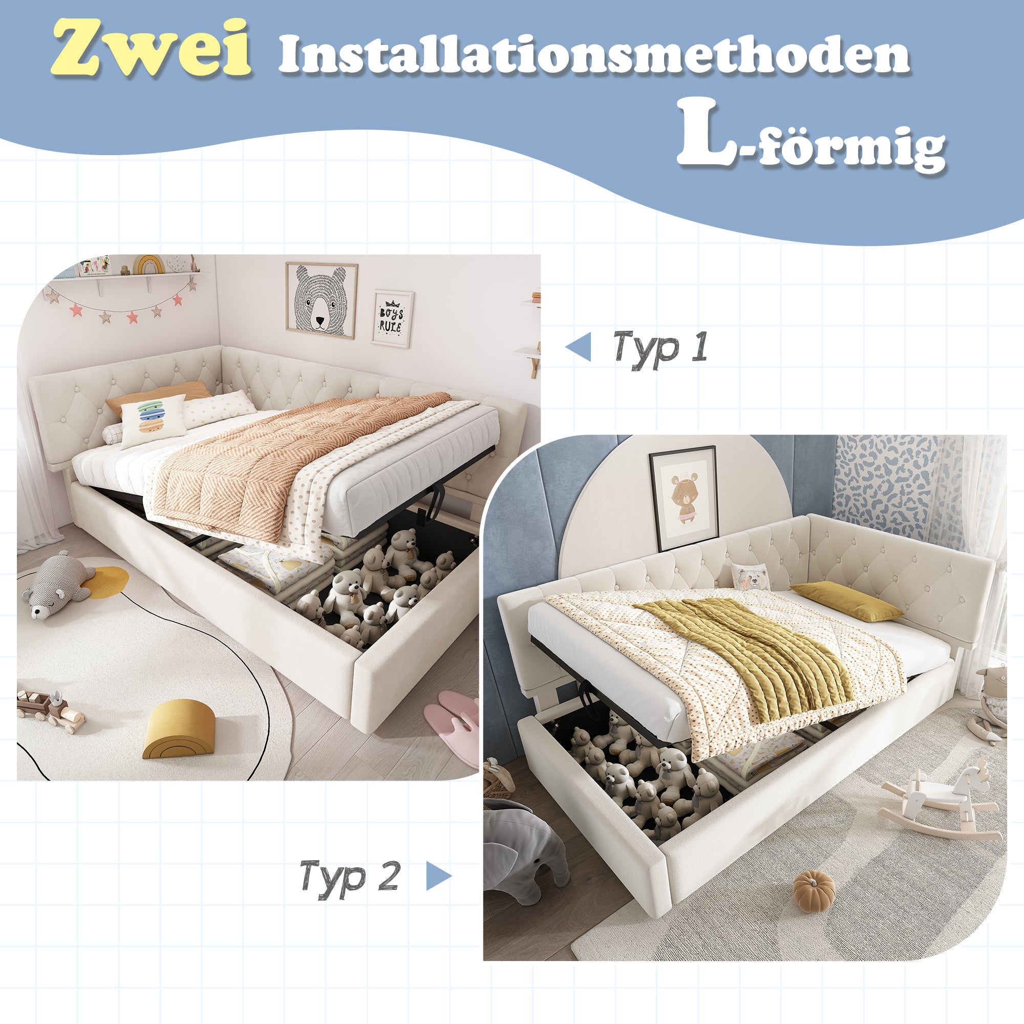 Upholstered Bed, Daybed 90x200cm with Hydraulic Storage, Wooden Slatted Frame, Beige Velvet