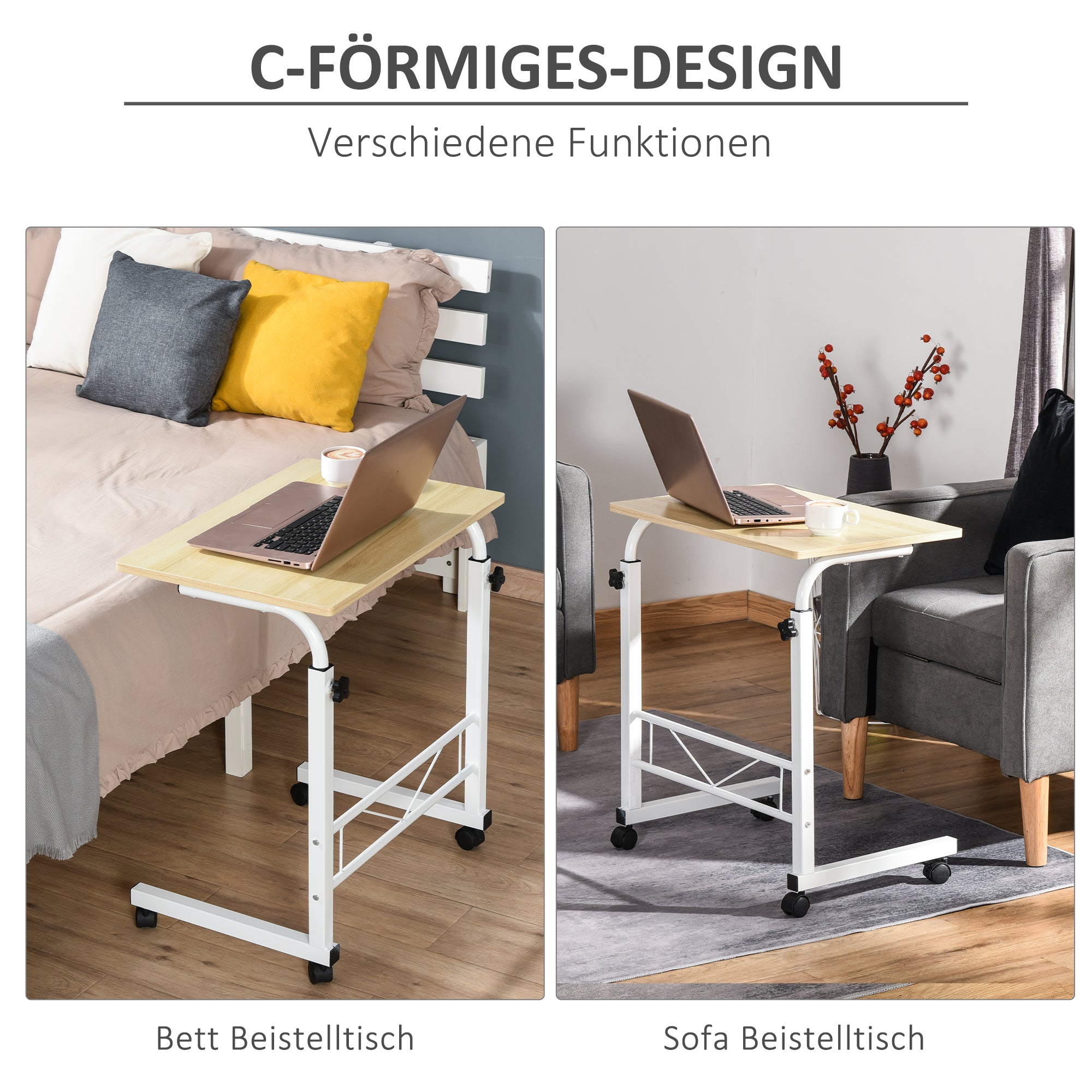 Beistelltisch verstellbar, fahrbarer C-Tisch, Spanplatte & Stahl