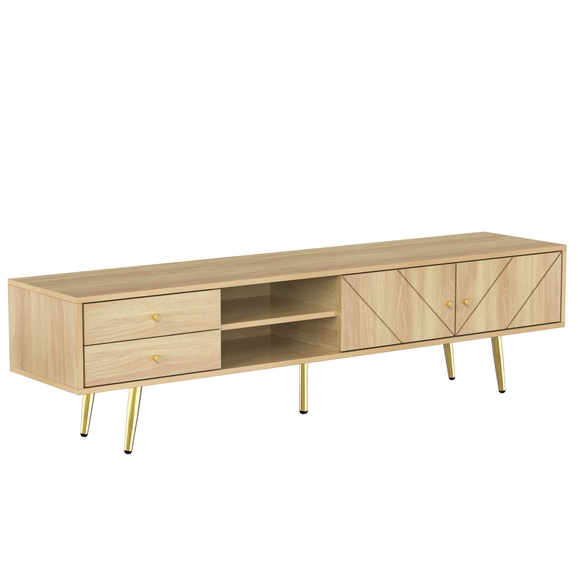TV Cabinet 160cm, Gold Feet, Two Drawers, Unique Doors