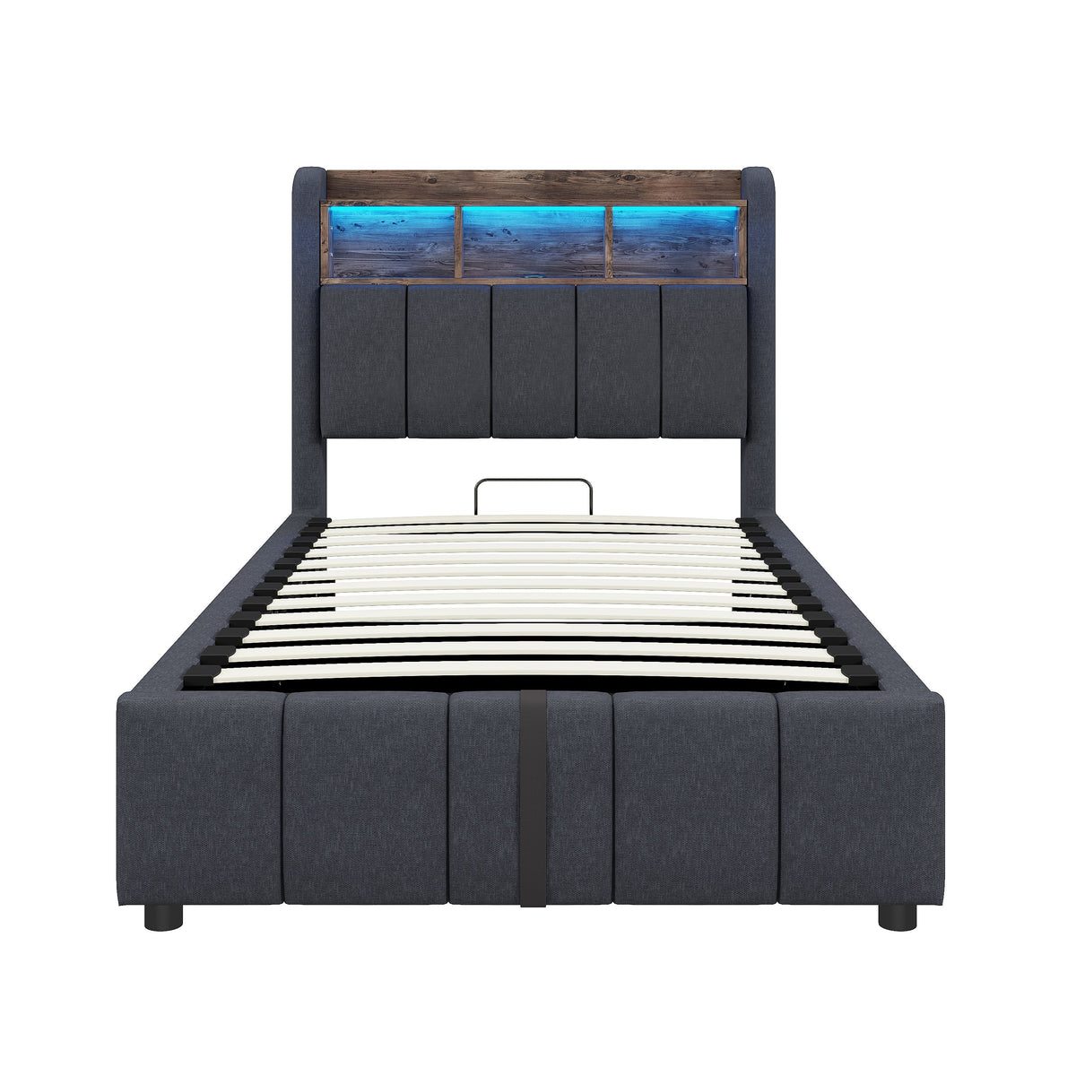 Upholstered Bed 90x200cm LED/USB Headboard Storage Hydraulic Single Linen Grey