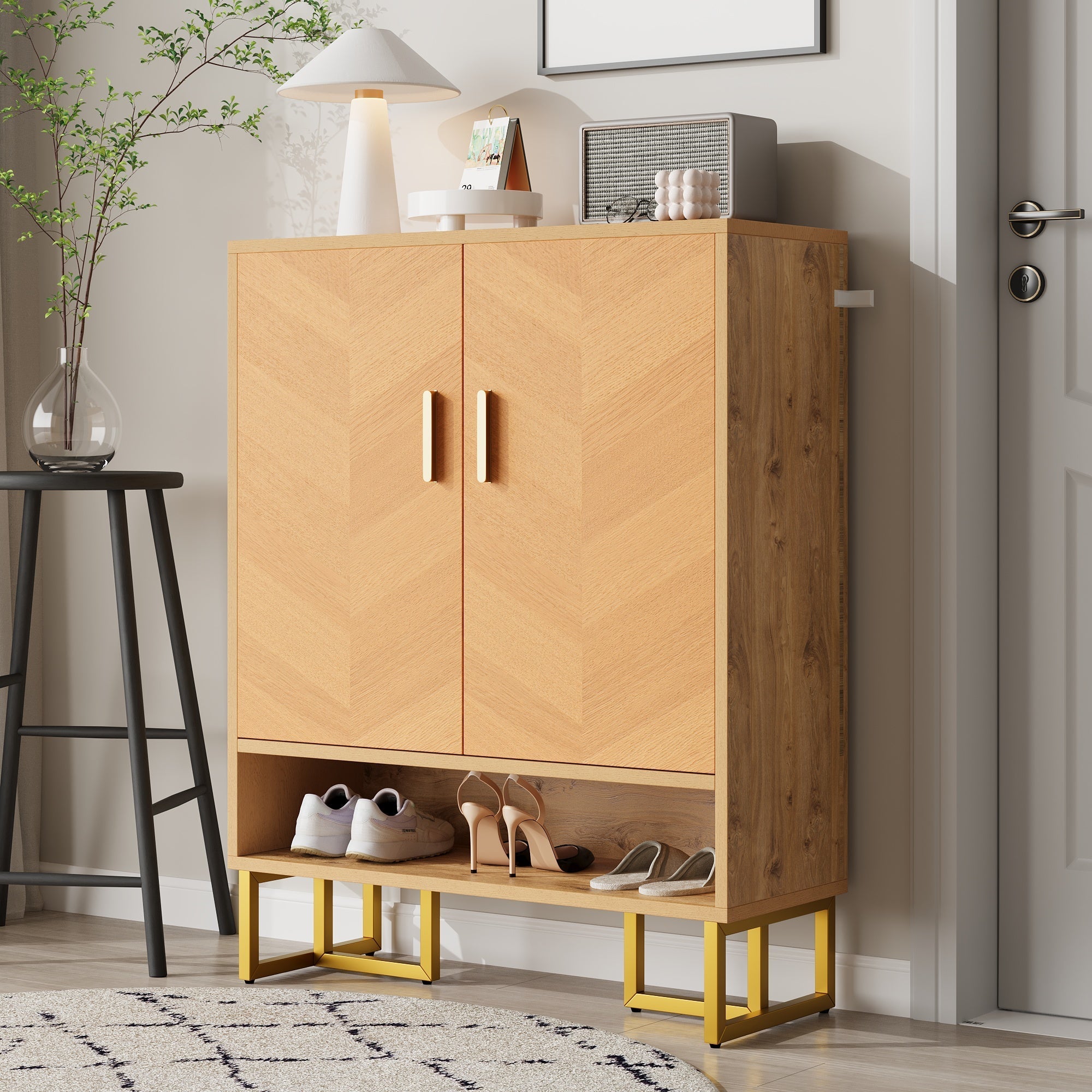 Narrow Shoe Cabinet Modern Minimalist 2-Door Storage - Wood Grain/Golden Frame