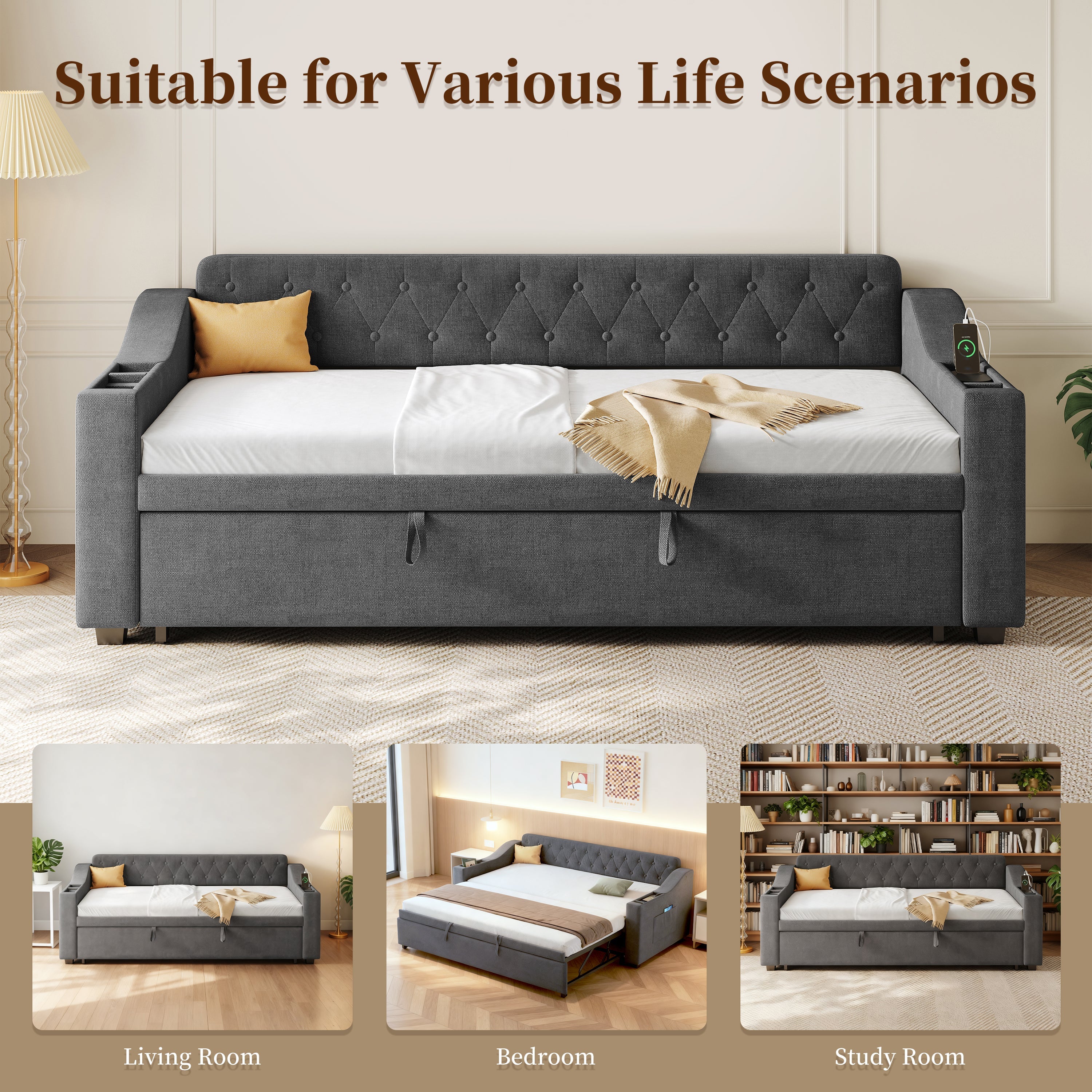 Upholstered Daybed Sofa with Trundle, Charging Station and Armrest Storage, Linen Grey