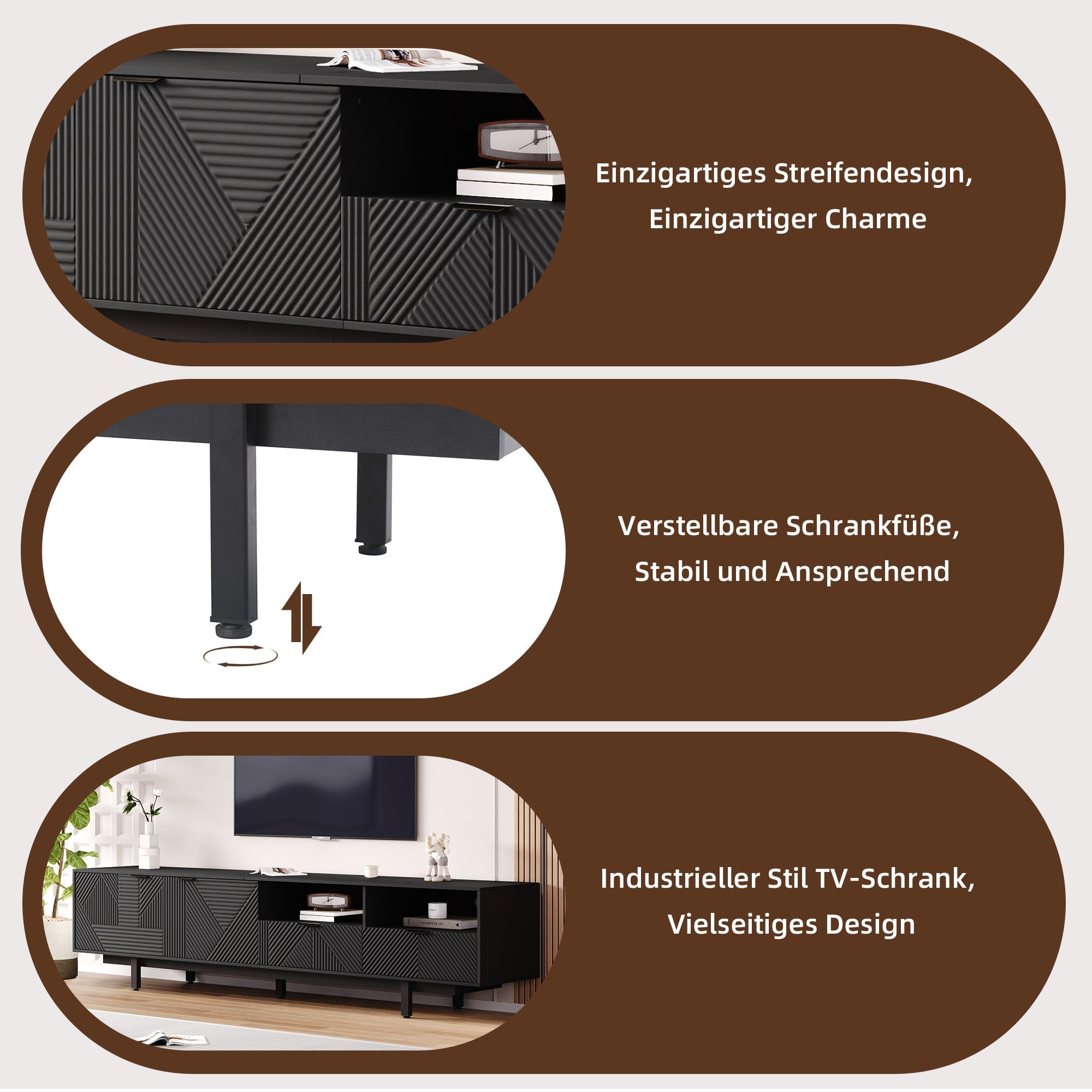 TV Cabinet, Modern Bohemian, Abstract Geometric, 90-inch, Black