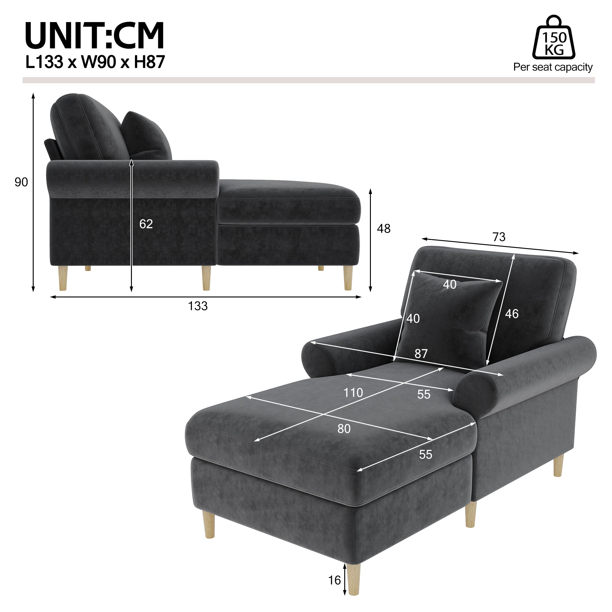 Upholstered Recliner Folding Sleeper Chair for Living Room/Bedroom, Velvet, Grey