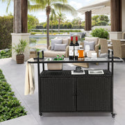 Outdoor Bar Table, Wicker Bar Cart with Cabinet, Patio Serving Cart with Steel Top, Ice Bucket, Lockable Wheels, Side Basket, Black