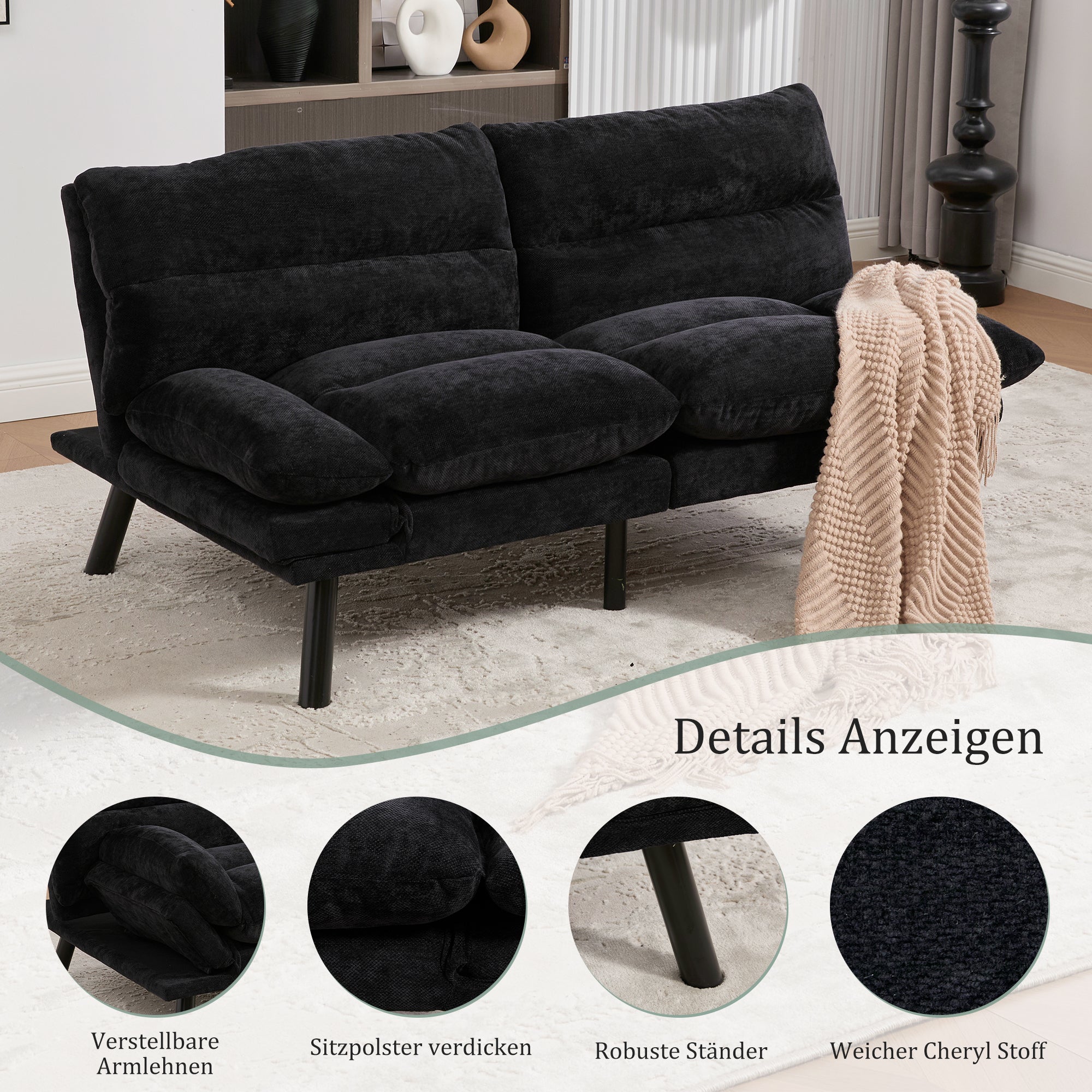 Two-Seater Sofa, Ergonomic Adjustable Breathable, Chenille/Metal
