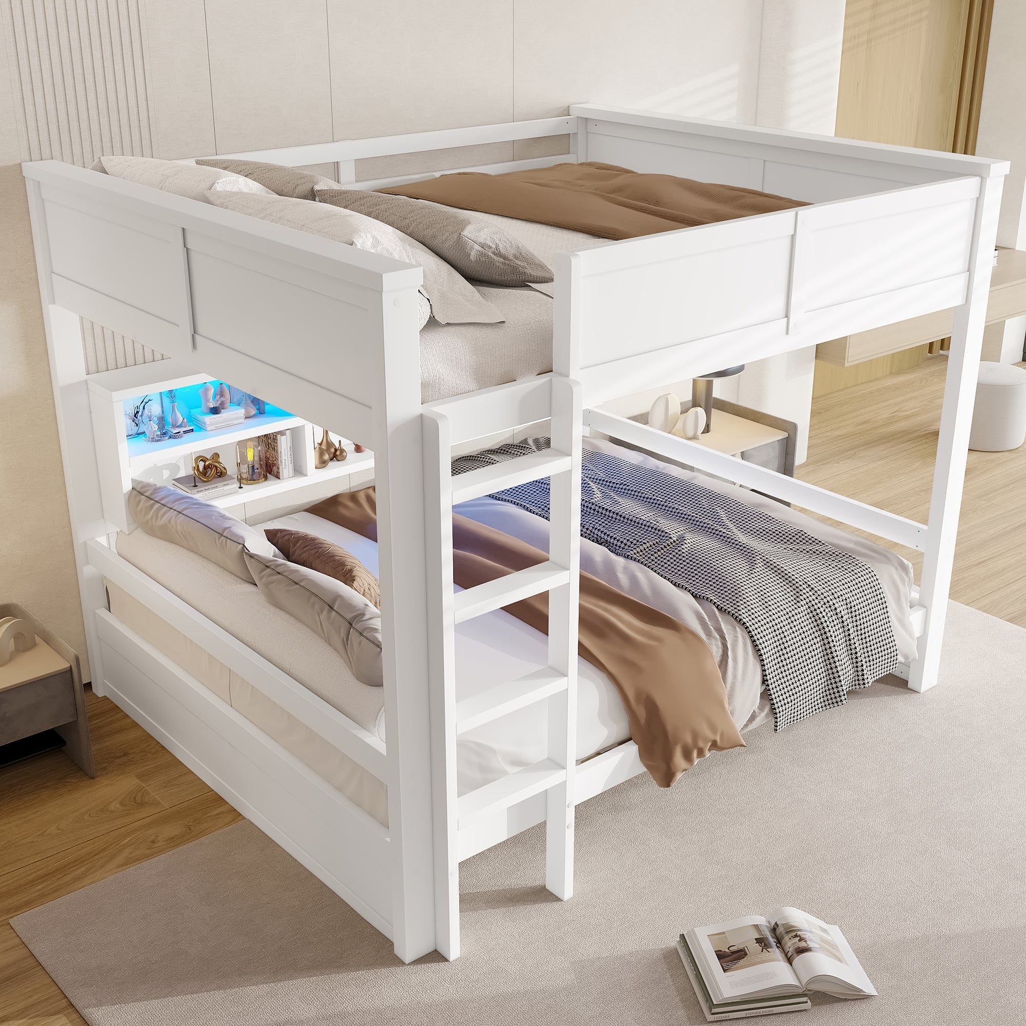 Bunk Bed 160x200 with Storage Cabinets and LED Light, White