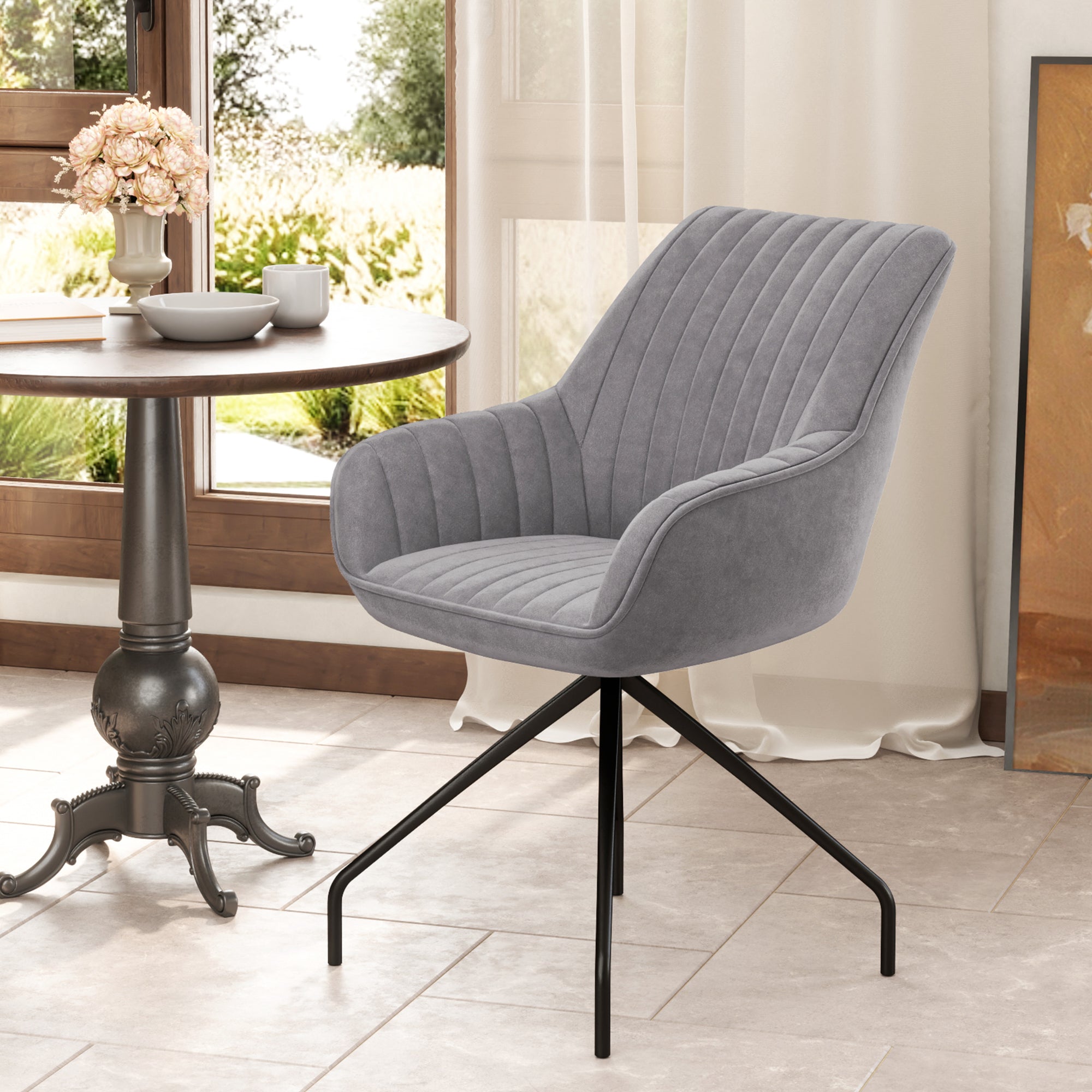 Swivel Lounge Chair, Armrests Metal Legs, Dark Grey Velvet