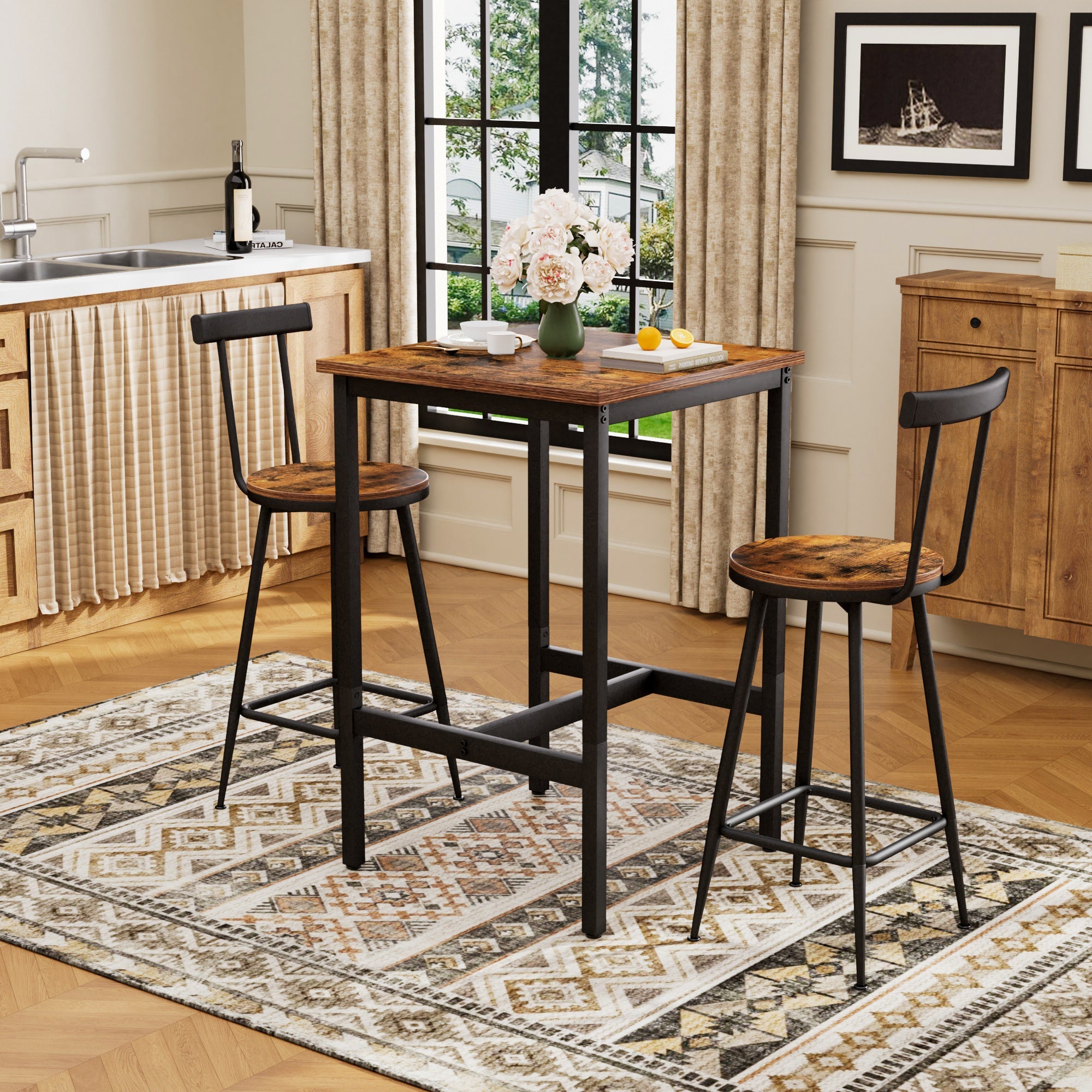 Industrial Bar Table and Stool Set with 2 Chairs and Metal Frame, Rustic Brown