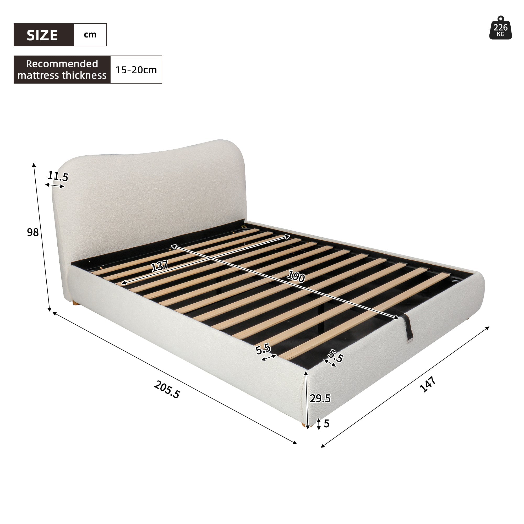 Ottoman Storage Bed Frame, 4ft6 Double with Curved Headboard, Boucle Fabric, Warm White