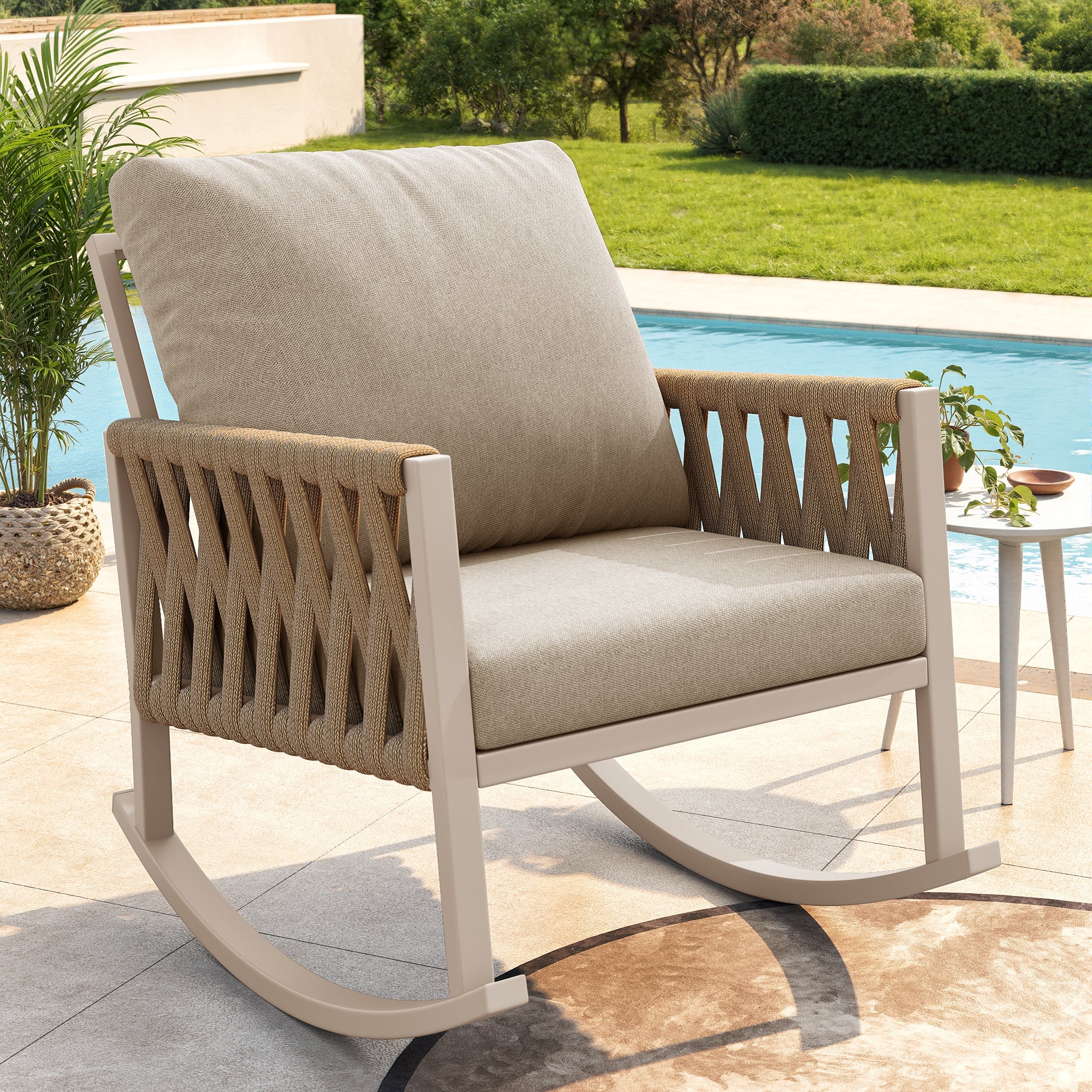 Outdoor Rocking Chair with Cross-Rope Weaving and Cushions, Weatherproof Metal Frame