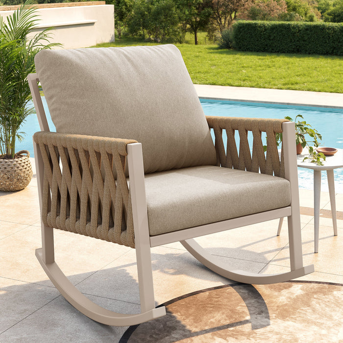 Outdoor Rocking Chair with Cross-Rope Weaving and Cushions, Weatherproof Metal Frame