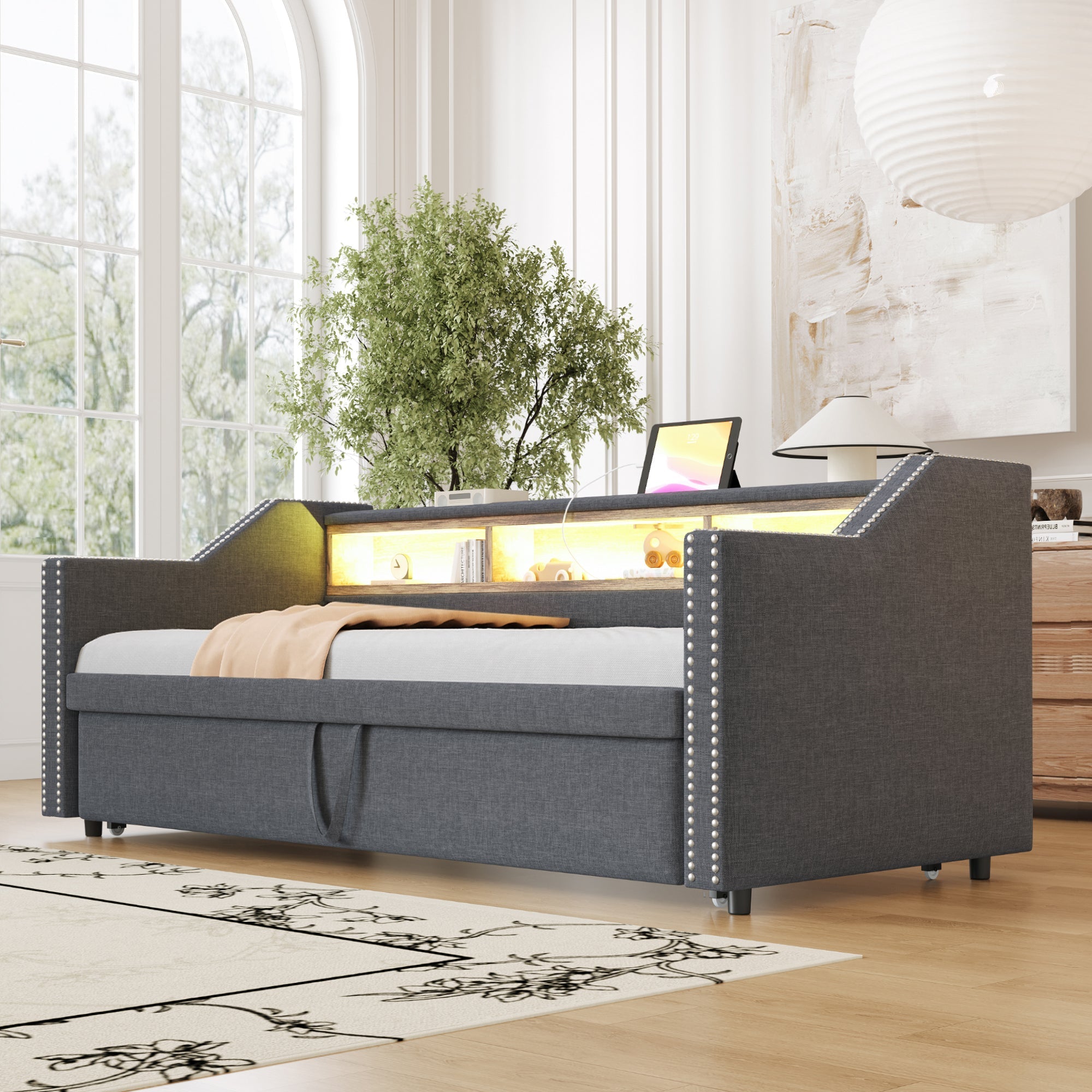 Upholstered Extendable Sofa Bed 90/180x190cm Storage LED USB - Dark Grey