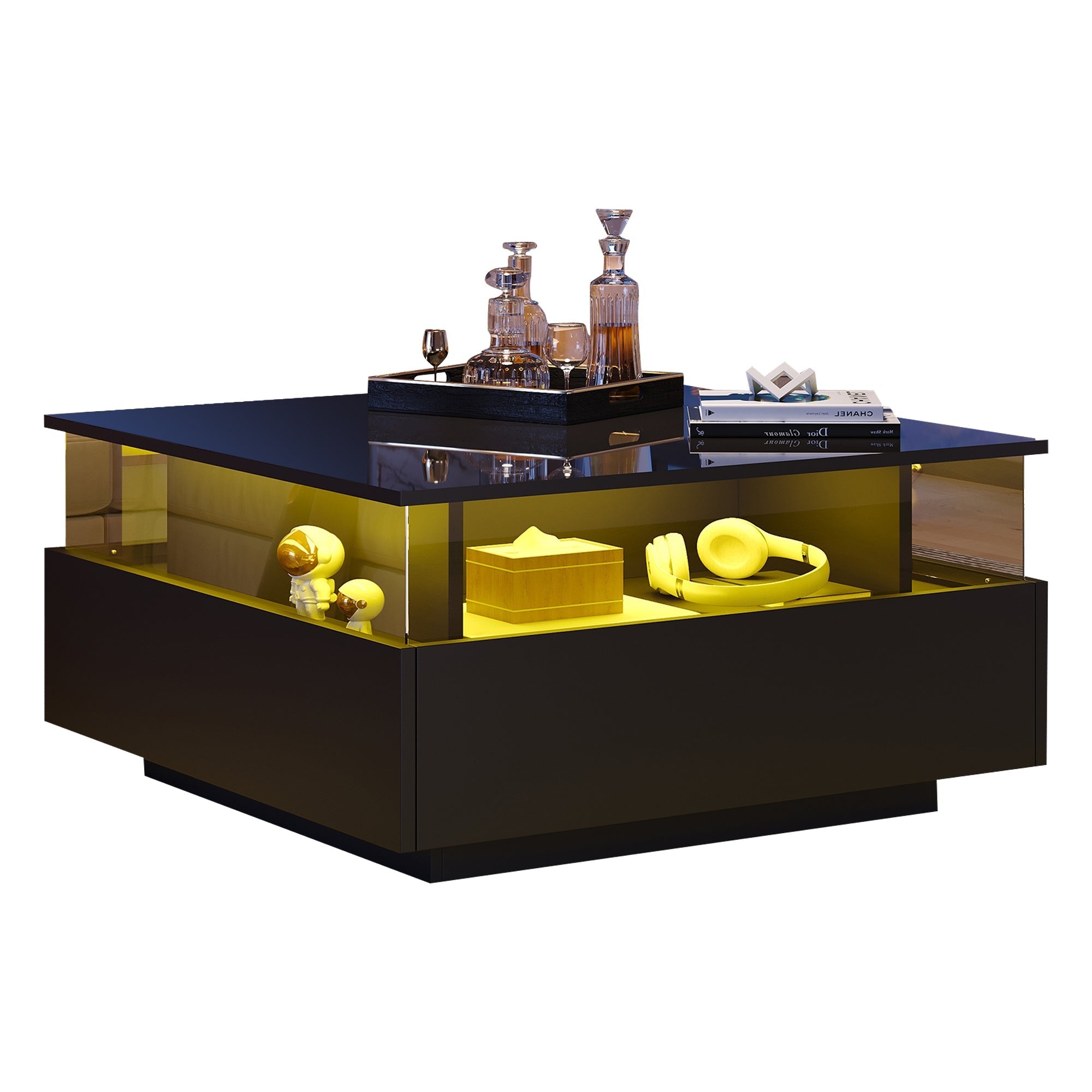 Coffee Table with Storage, Modern LED Coffee Table with 2 Sliding Drawers, Black