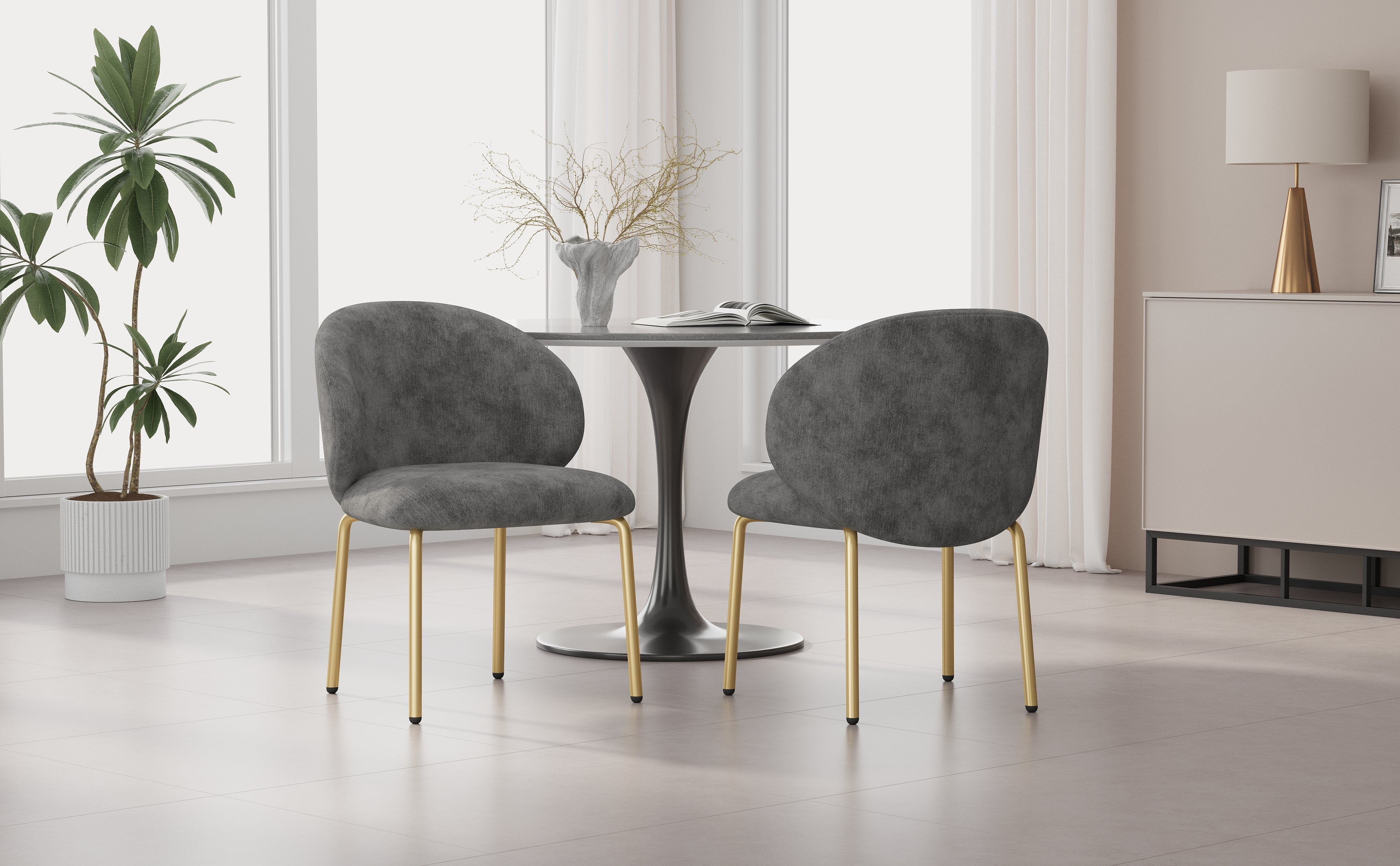 Dining Chairs and Lounge Chairs with Gold Legs, Set of 2, Grey Chenille
