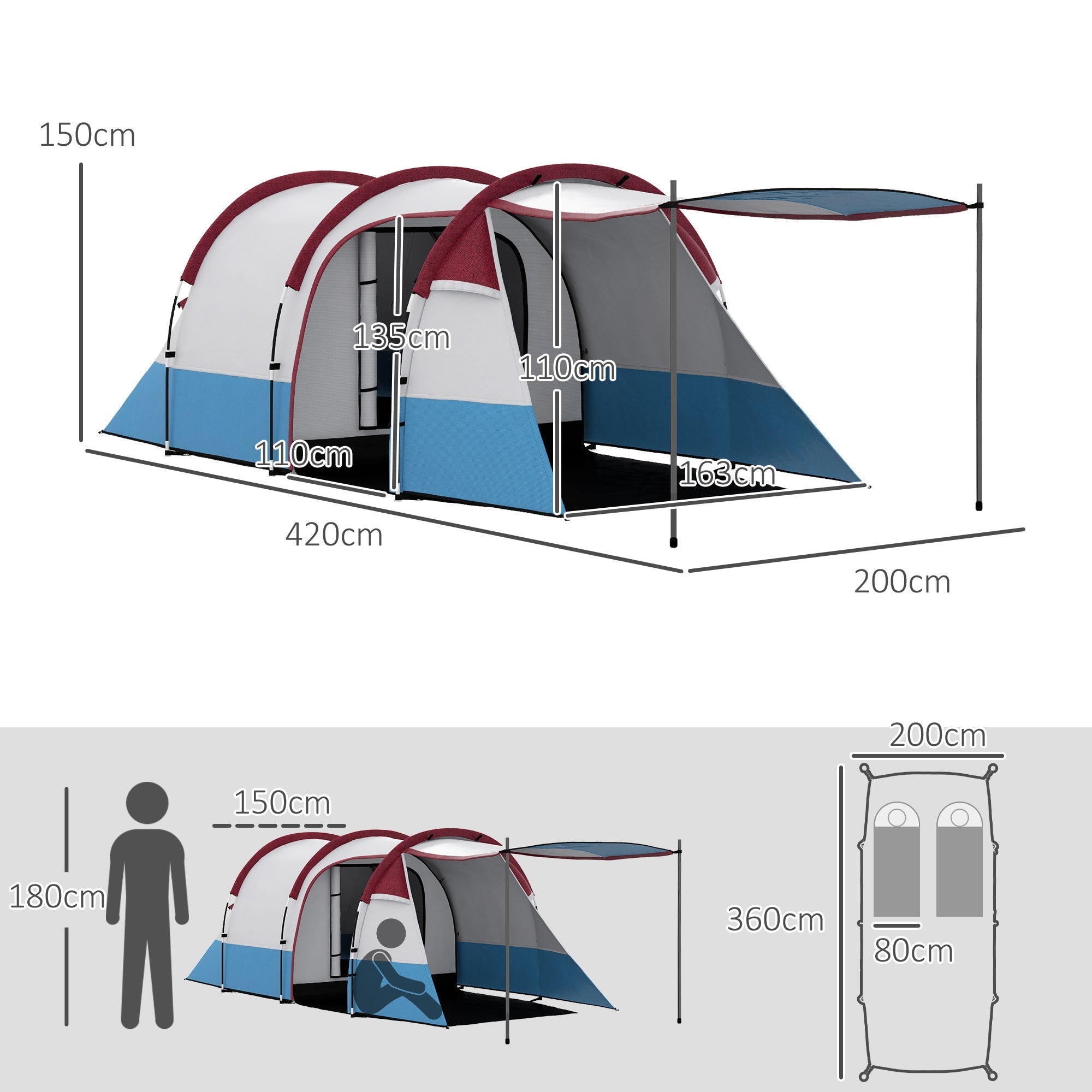 Campingzelt, 3-Personen-Tunnelzelt, Lichthaken & 2 Räume, Rot