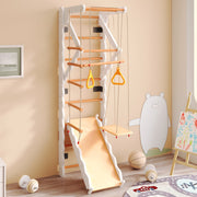 6-in-1 multifunctional climbing frame, wall bars, slide, swing, crawling ladder, pull-up area, rings, 50 kg, plywood, solid wood, beech
