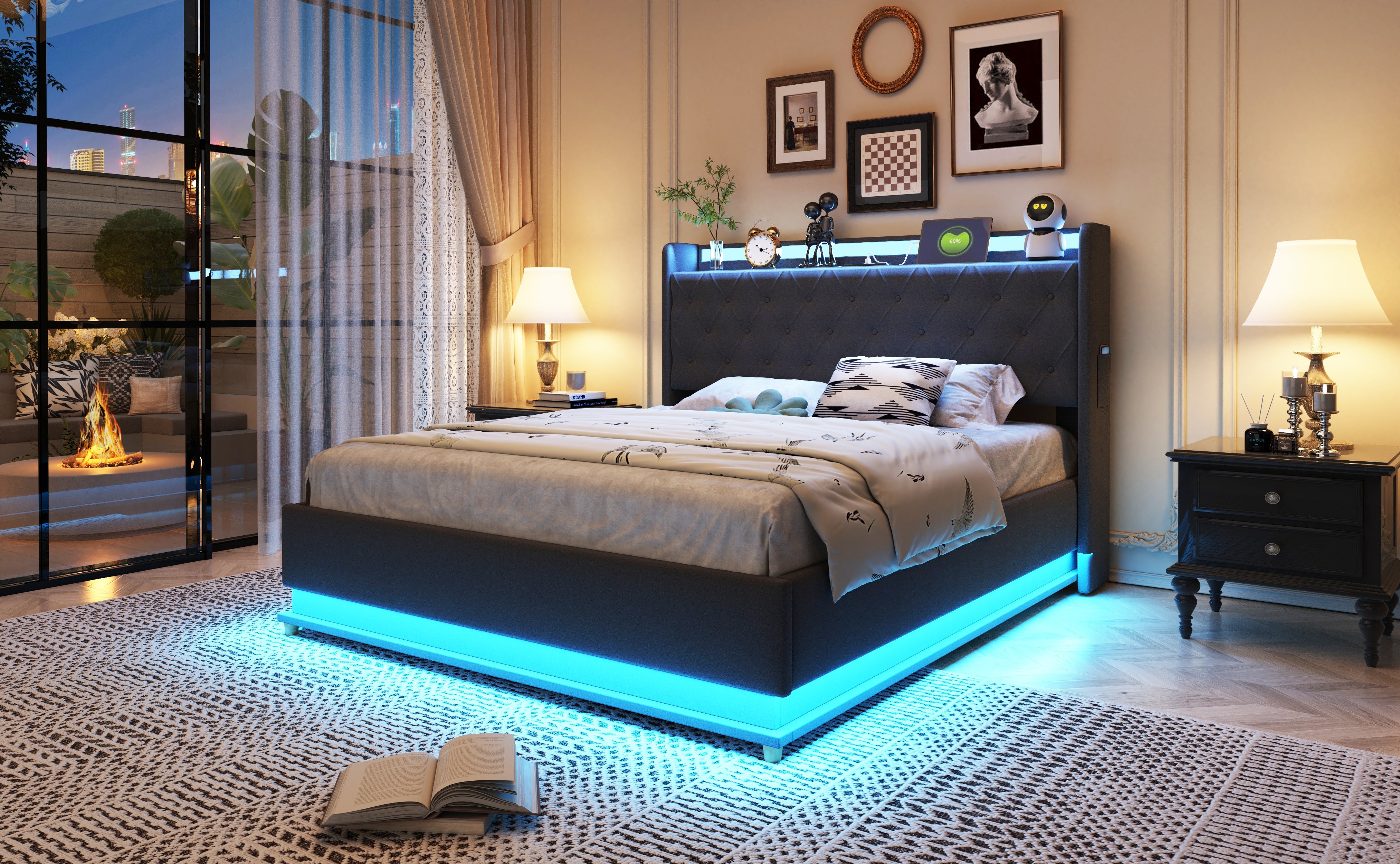 LED Upholstered Bed, USB Charging & Hydraulic Storage, Linen Fabric Gray