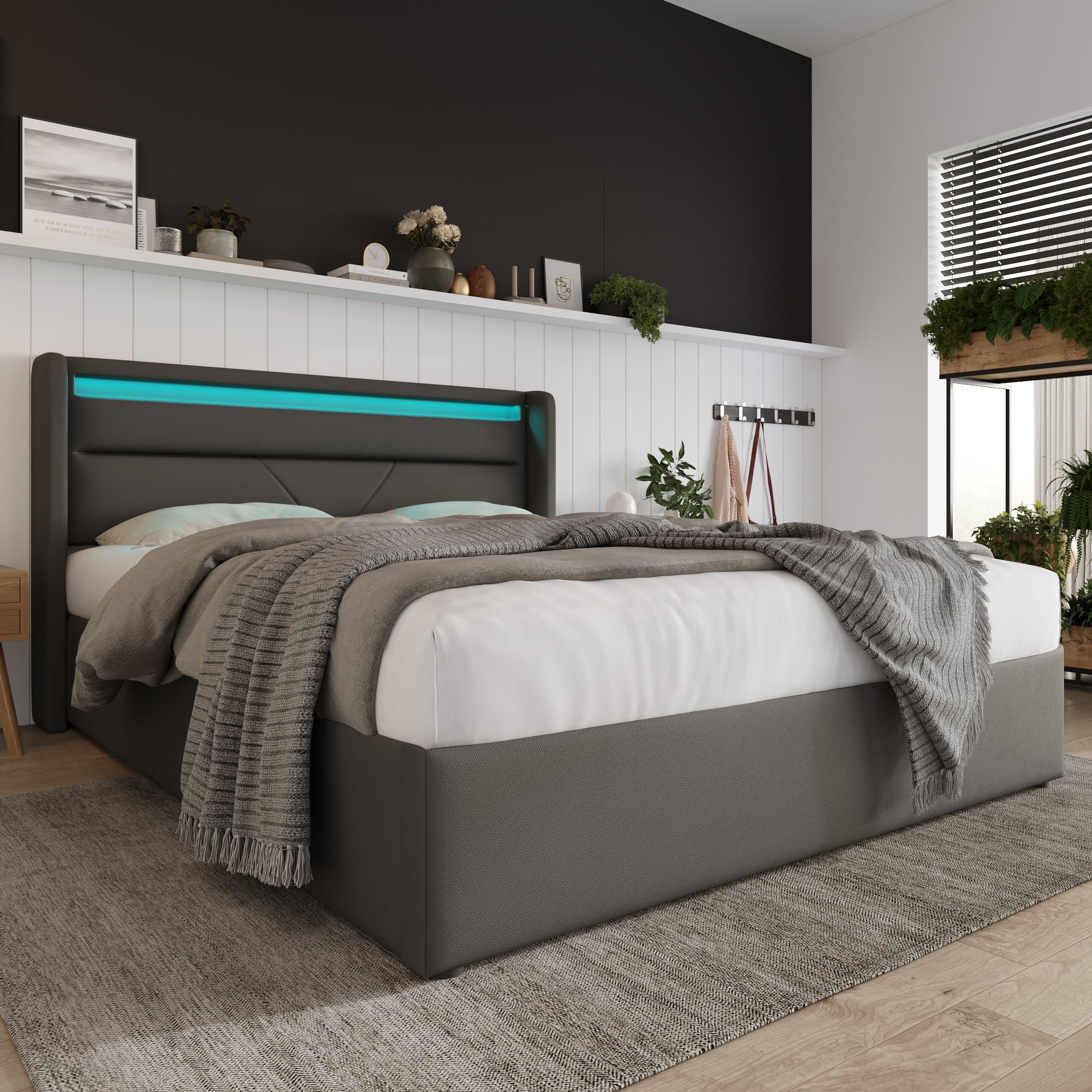 Hydraulic Storage Bed, LED, 140x200cm Upholstered, Gray