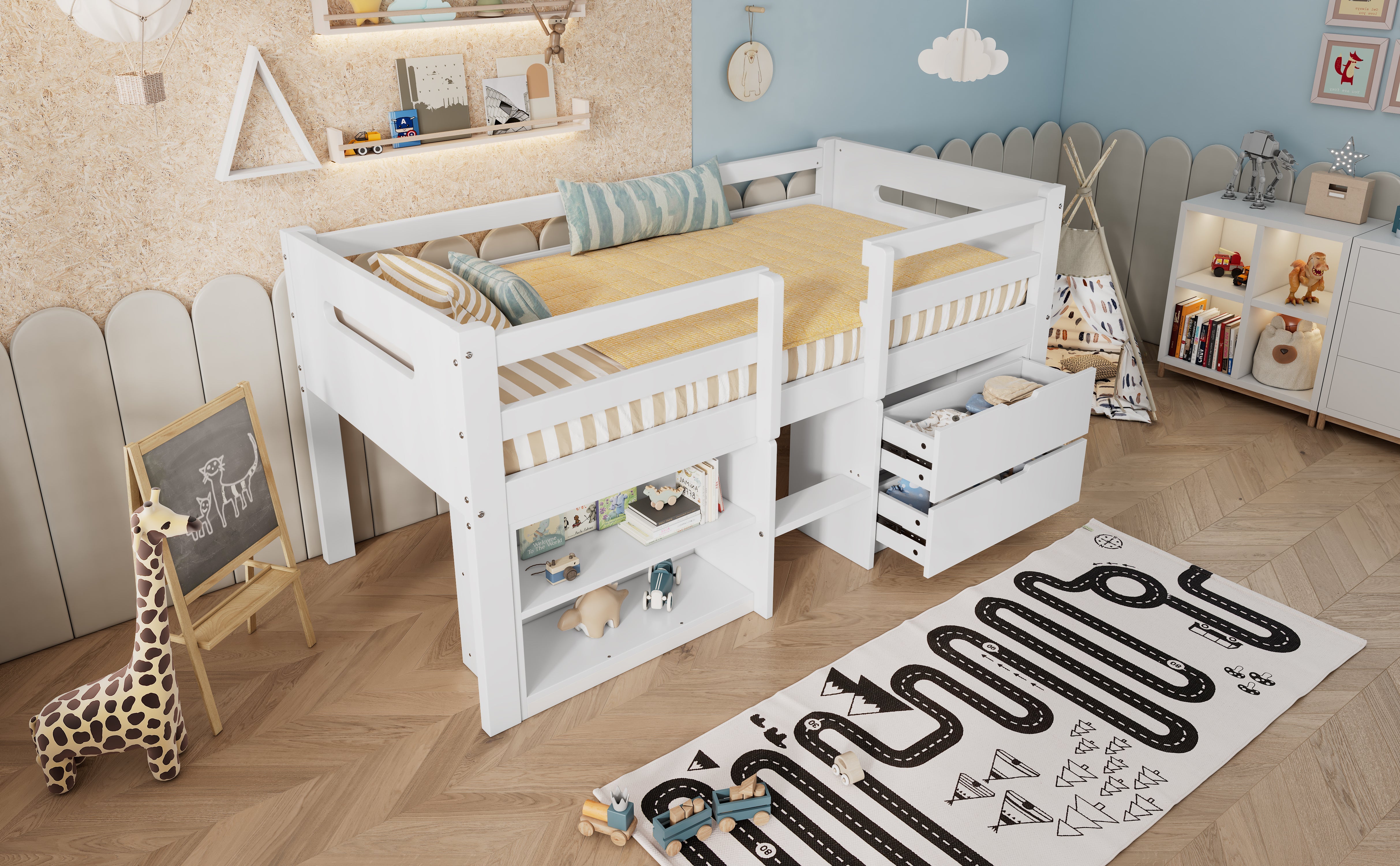 Wooden Storage Bed, 3ft Single with Drawers and Safety Guardrail, White